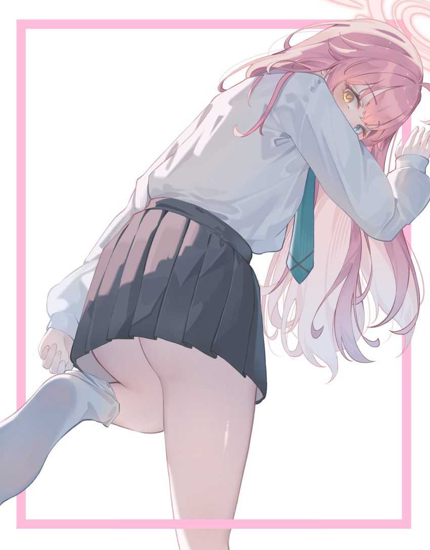 1girl absurdres adjusting_sock ahoge arm_support ass black_skirt blue_archive blue_eyes blue_necktie blush cowboy_shot double-parted_bangs from_behind heterochromia highres hoshino_(blue_archive) leaning_forward leg_up long_hair long_sleeves looking_at_viewer looking_back miku_rasha miniskirt necktie no_shoes pink_hair pleated_skirt school_uniform shirt shirt_tucked_in simple_background skirt socks solo standing standing_on_one_leg white_background white_shirt white_socks yellow_eyes