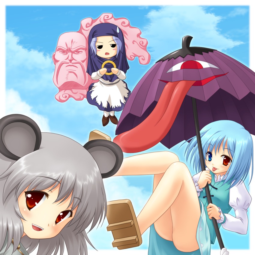 3girls :p animal_ears blue_hair blush bracelet edajima_heihachi geta grey_hair heterochromia hood jewelry karakasa_obake kumoi_ichirin mouse_ears multiple_girls nazrin red_eyes ring sakigake!!_otokojuku short_hair sweatdrop tatara_kogasa tongue tongue_out touhou umbrella unzan yamasan