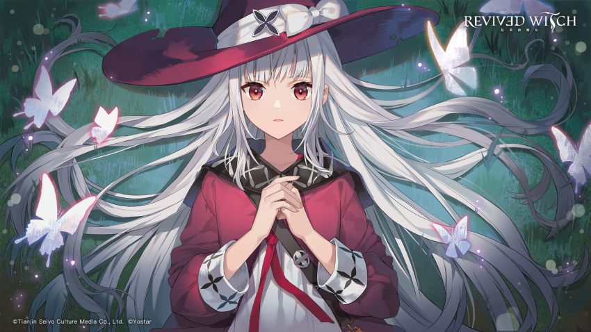 1girl bow bug butterfly coat copyright_name copyright_notice dress eihi hat hat_bow highres insect long_hair long_sleeves looking_at_viewer lying official_art on_back on_grass own_hands_clasped own_hands_together parted_lips red_coat red_eyes red_hat revived_witch upper_body very_long_hair white_bow white_dress white_hair witch witch_(revived_witch) witch_hat