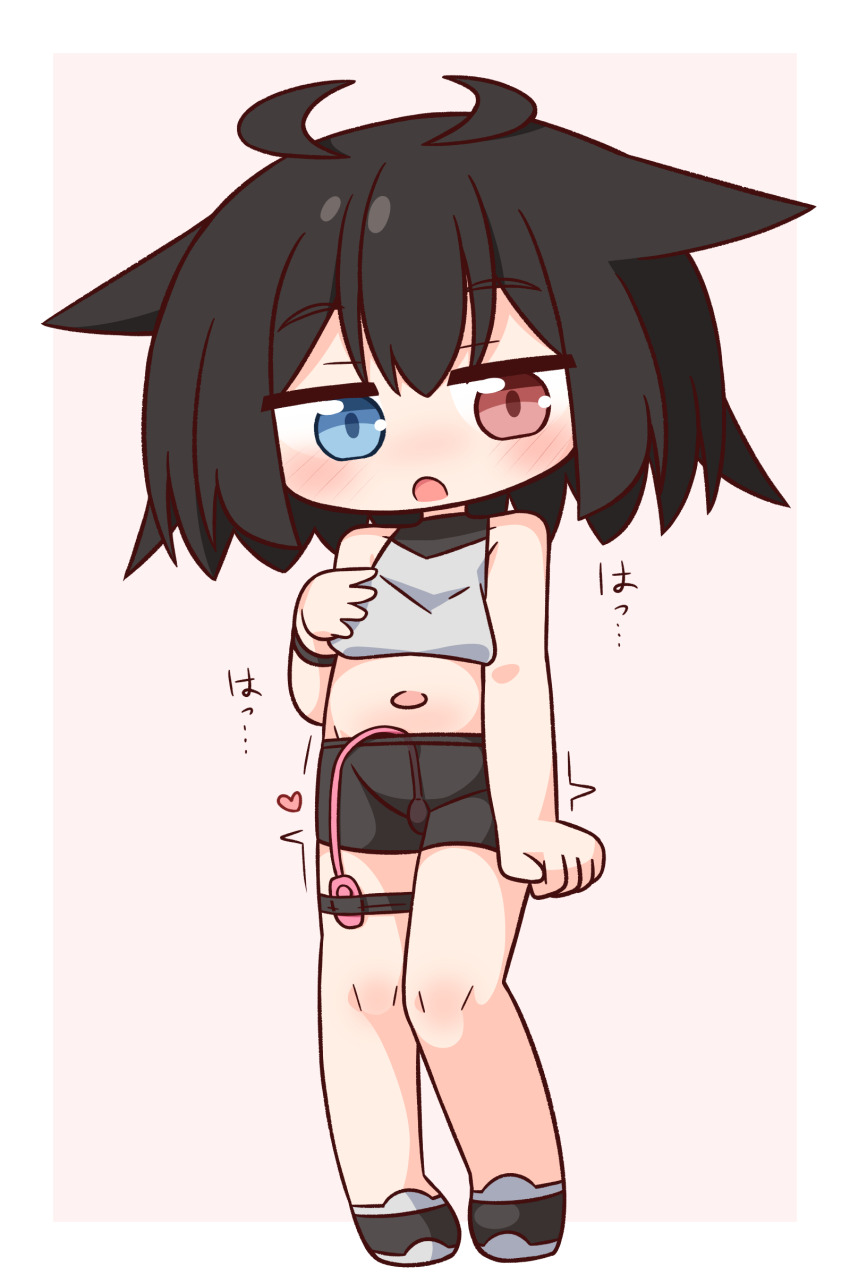 1girl absurdres bare_arms bare_shoulders black_hair black_shoes black_shorts blue_eyes blush border commentary_request crop_top cropped_shirt egg_vibrator full_body hana_kazari heterochromia highres looking_at_viewer midriff navel open_mouth original outside_border red_eyes sex_toy shirt shoes short_hair shorts simple_background sleeveless sleeveless_shirt solo standing vibrator vibrator_in_thigh_strap white_border yellow_background
