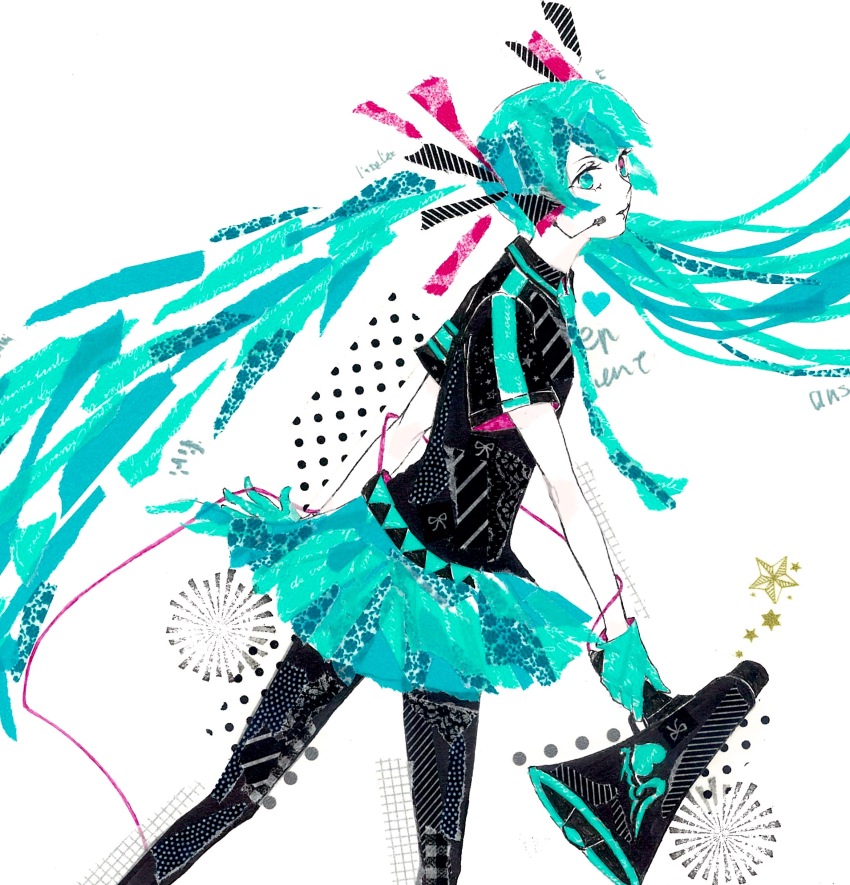 1girl abstract absurdres aqua_eyes aqua_gloves aqua_hair aqua_necktie aqua_skirt black_pantyhose black_ribbon black_shirt cable collared_shirt commentary_request dutch_angle floating_hair gloves hair_ribbon hatsune_miku headset heart highres holding holding_megaphone koi_wa_sensou_(vocaloid) long_hair looking_at_viewer masking_tape_(medium) megaphone mixed_media necktie pantyhose parted_bangs parted_lips pink_ribbon poncho_(ponpontyo_8) ribbon shirt short_sleeves sidelocks sideways_glance skirt solo star_(symbol) supercell_(band) traditional_media unconventional_media very_long_hair vocaloid white_background