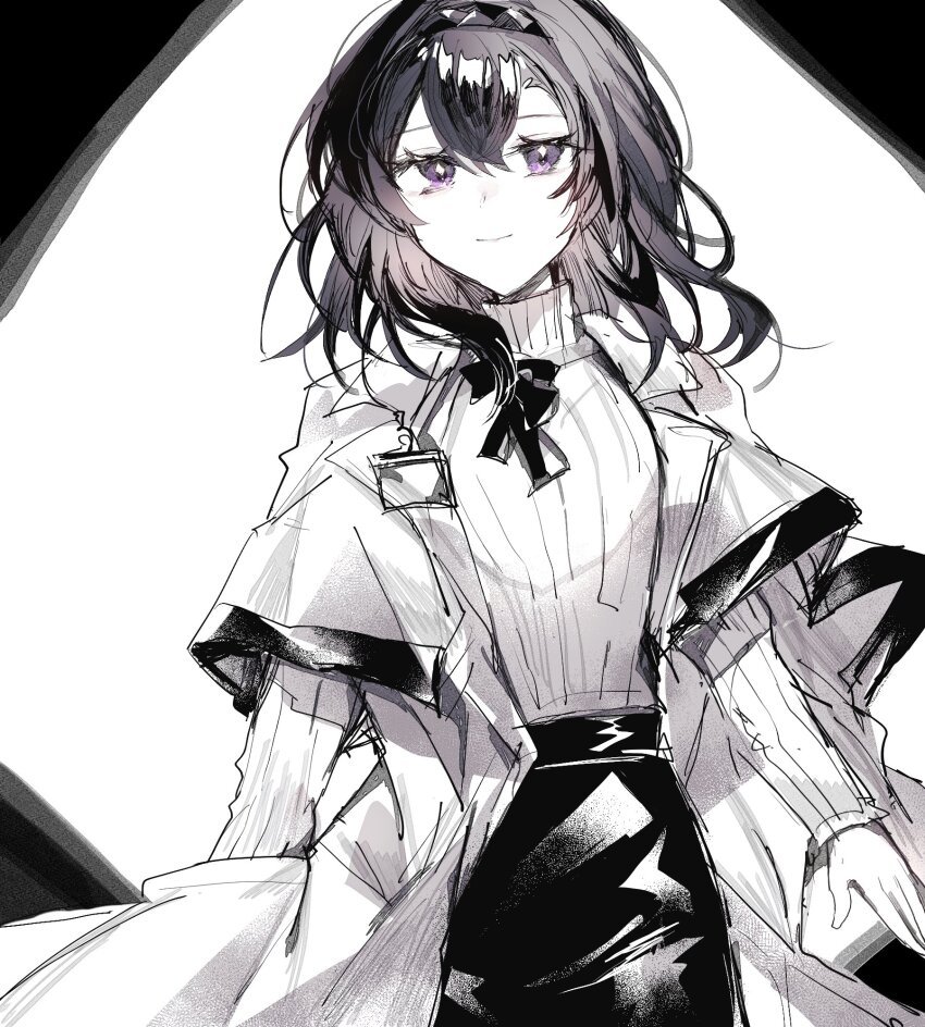 1girl arknights black_hair black_skirt closed_mouth coat commentary cowboy_shot fumi_(rdbm) hair_between_eyes highres lab_coat light_smile long_sleeves medium_hair open_clothes open_coat priestess_(arknights) purple_eyes sketch skirt solo standing sweater turtleneck turtleneck_sweater white_background white_coat white_sweater