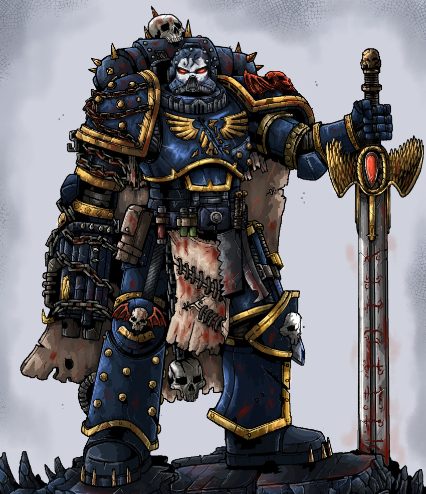 1boy absurdres adeptus_astartes armor blue_armor bolter chain chaos_space_marine flayed_skin full_armor helmet highres holding holding_sword holding_weapon looking_at_viewer night_lords octosoup pauldrons planted planted_sword planted_weapon power_armor shoulder_armor skull solo sword talos_valcoran warhammer_40k weapon