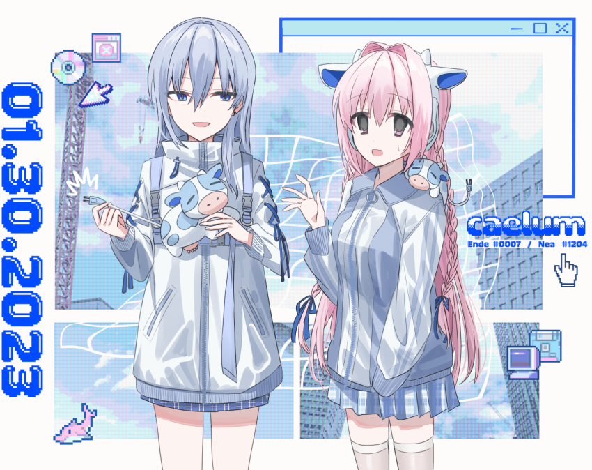 2girls :d ^^^ animal_ear_headphones animal_ears blue_eyes blue_jacket blue_ribbon blue_skirt blush braid breasts cd character_name chihuri commentary_request cow_ears cow_horns cursor dated ende_(chihuri) fake_animal_ears fake_horns floppy_disk grey_hair hair_between_eyes hair_ribbon hand_cursor hand_up headphones holding holding_stuffed_toy horns jacket long_hair long_sleeves medium_breasts monitor multiple_girls nea_(chihuri) on_shoulder open_mouth original pink_hair pixelated plaid_clothes plaid_skirt pleated_skirt puffy_long_sleeves puffy_sleeves purple_eyes ribbon skirt sleeves_past_wrists smile stuffed_cow stuffed_toy sweat twin_braids very_long_hair white_jacket window_(computing)