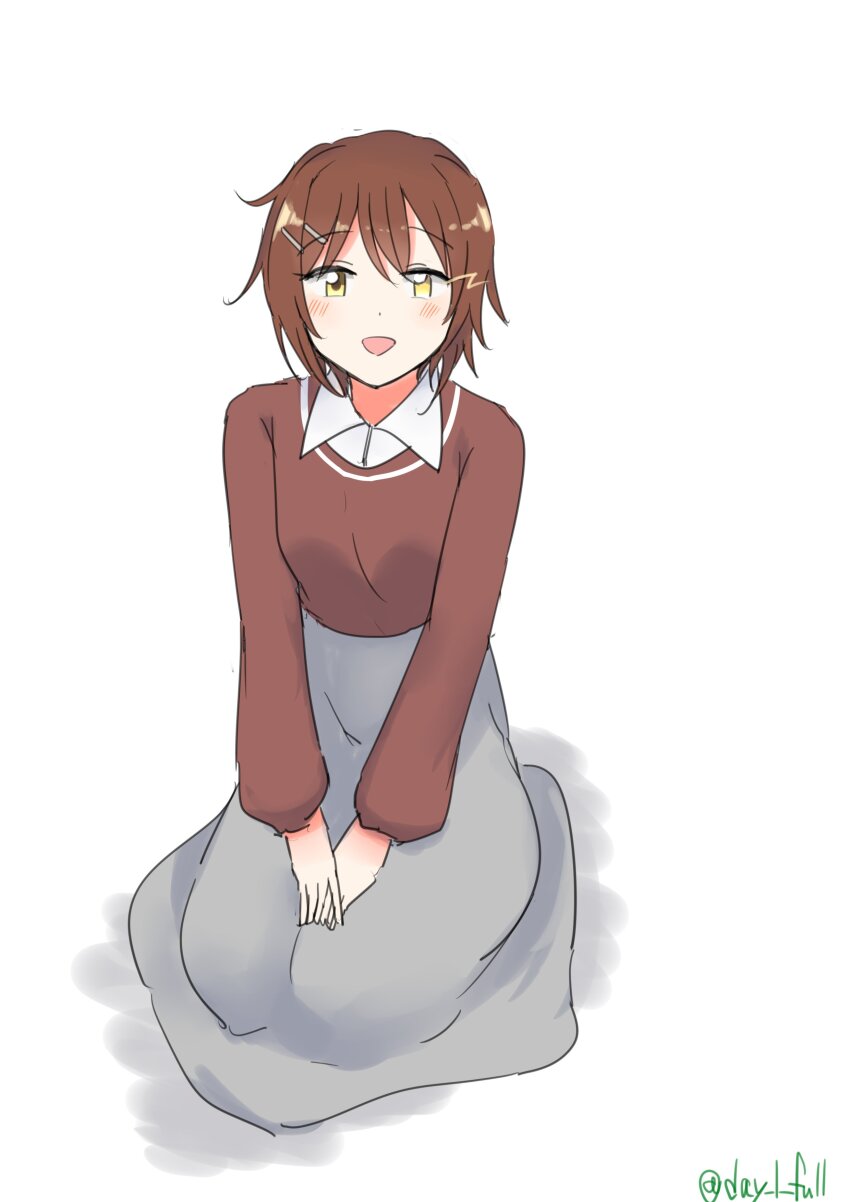 1girl absurdres brown_eyes brown_hair brown_sweater collared_shirt dress_shirt full_body furutaka_(kancolle) furutaka_(valentine)_(kancolle) grey_skirt hands_on_lap highres kantai_collection looking_at_viewer one-hour_drawing_challenge robinson_(day_l_full) seiza shirt short_hair simple_background sitting skirt smile solo sweater v_arms white_background white_shirt