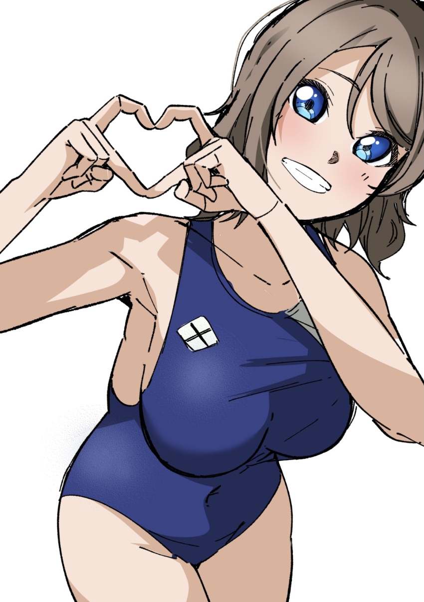 1girl blue_eyes blush breasts brown_hair competition_swimsuit covered_navel heart heart_hands highres large_breasts legs looking_at_viewer love_live! love_live!_sunshine!! monya_monya_(tmsc7752) navel one-piece_swimsuit simple_background smile solo swimsuit thighs watanabe_you wavy_hair