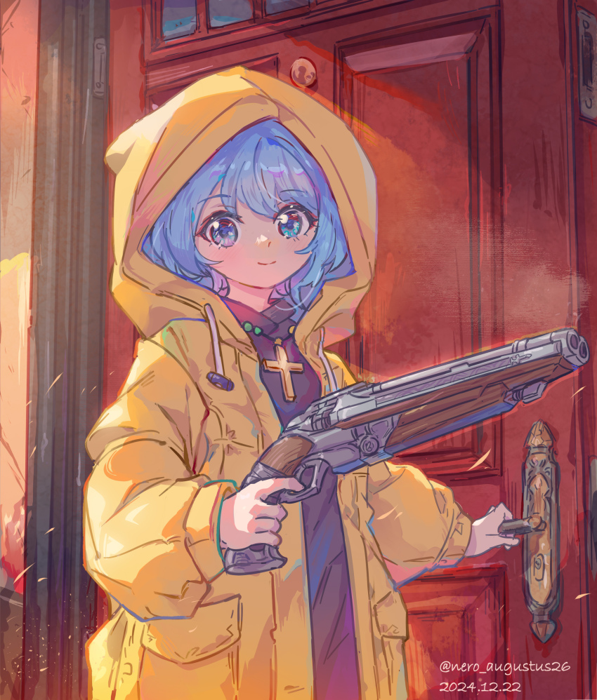 1girl absurdres blue_eyes blue_hair cross cross_necklace doom_(series) double-barreled_shotgun finger_on_trigger gun highres holding holding_gun holding_weapon hood hood_up jewelry looking_at_viewer luce_(jubilee_2025) necklace nero_augustus opening_door original raincoat rosary shotgun smile weapon yellow_raincoat