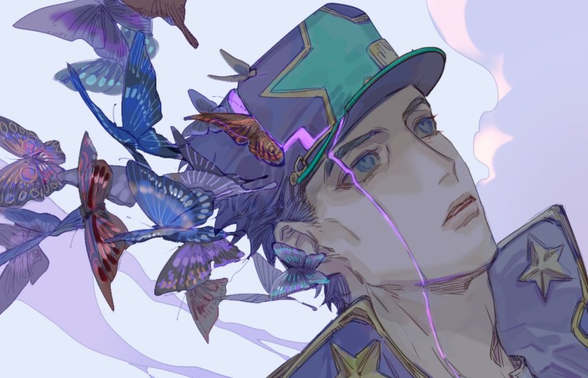1boy black_hair blue_eyes bug butterfly hat highres insect jojo_no_kimyou_na_bouken kuujou_joutarou male_focus mitus scar scar_on_face smoke solo spoilers star_(symbol) stone_ocean