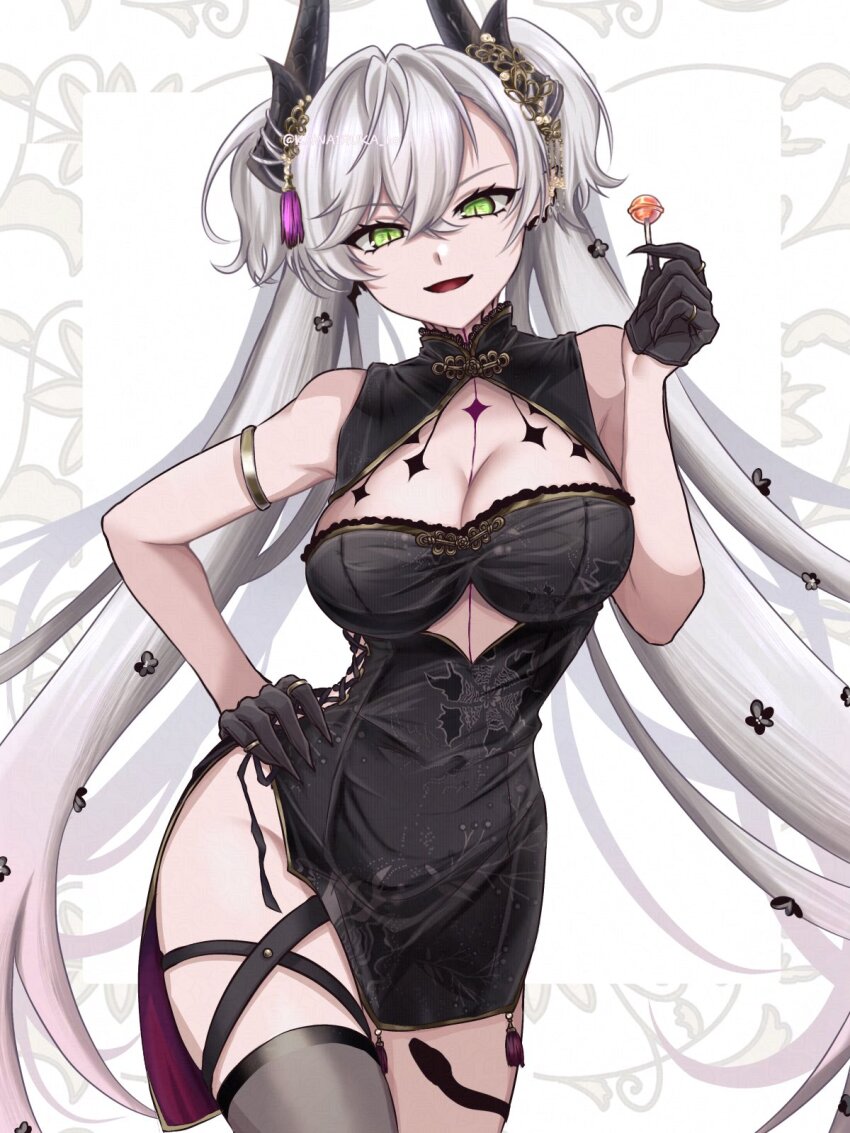 1girl armlet bare_shoulders black_dress black_gloves black_thighhighs breasts candy cleavage crossed_bangs demon_girl demon_horns dress ear_piercing fate/grand_order fate_(series) food gloves green_eyes grey_hair highres horns jewelry kawairuka_ko large_breasts lilith_(fate) lollipop long_hair looking_at_viewer open_mouth piercing pointy_ears smile solo thighhighs thighs