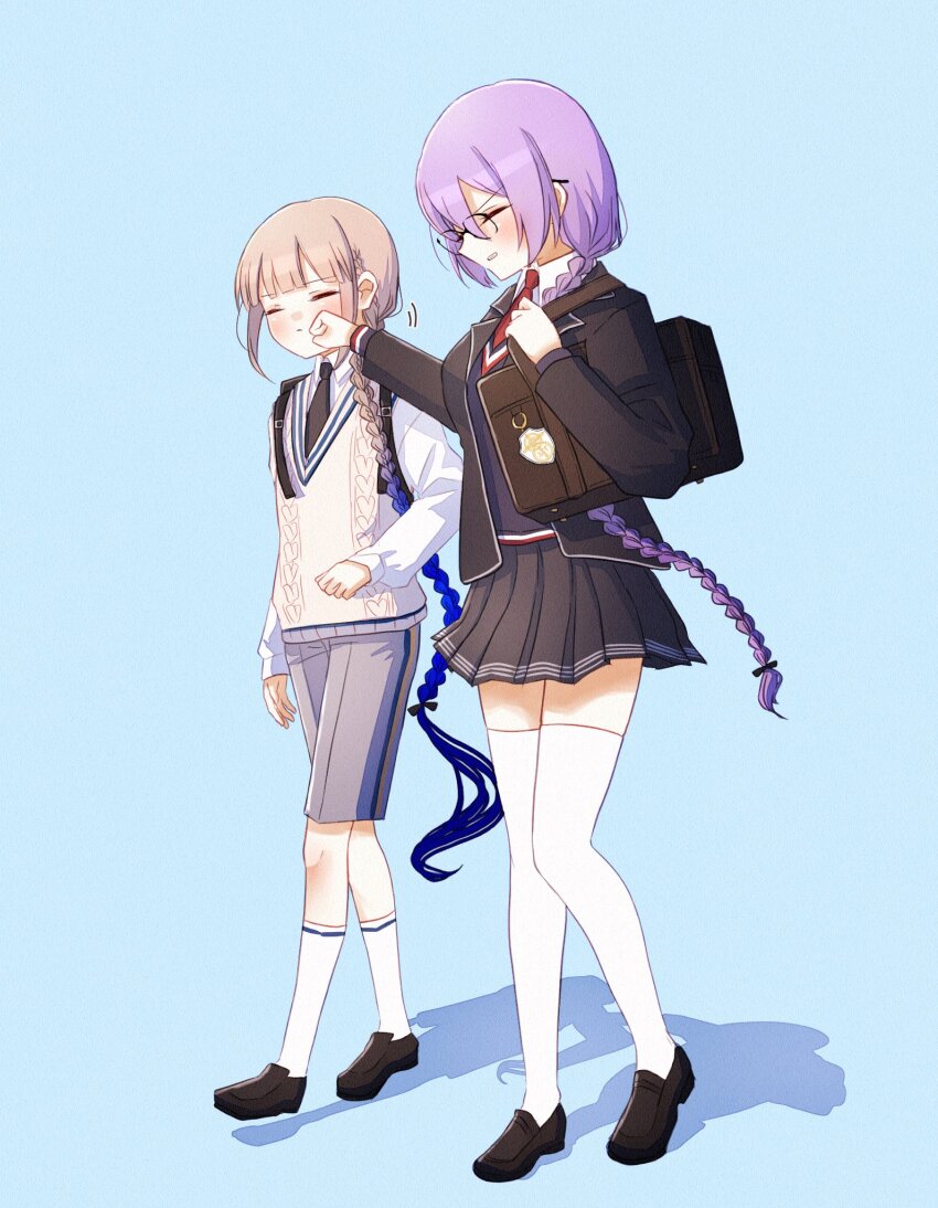1boy 1girl alternate_hair_length alternate_hairstyle backpack bag black_jacket black_necktie black_skirt blue_background blue_hair blunt_bangs braid briefcase brown_bag brown_footwear brown_hair captain_nemo_(fate) captain_nemo_(santa)_(fate) closed_eyes collared_shirt commentary_request fate/grand_order fate_(series) film_grain full_body glasses gradient_hair grey_shorts grin hair_over_shoulder highres jacket loafers long_hair long_sleeves multicolored_hair necktie nemo_(fate) open_clothes open_jacket pleated_skirt purple_hair red_necktie round_eyewear saitoh_michiru school_bag school_briefcase school_uniform shirt shoes shorts sideways_mouth simple_background sion_eltnam_(type-moon) sion_eltnam_sokaris skirt smile socks sweater_vest thighhighs very_long_hair walking white_shirt white_socks white_thighhighs wing_collar yellow_sweater_vest