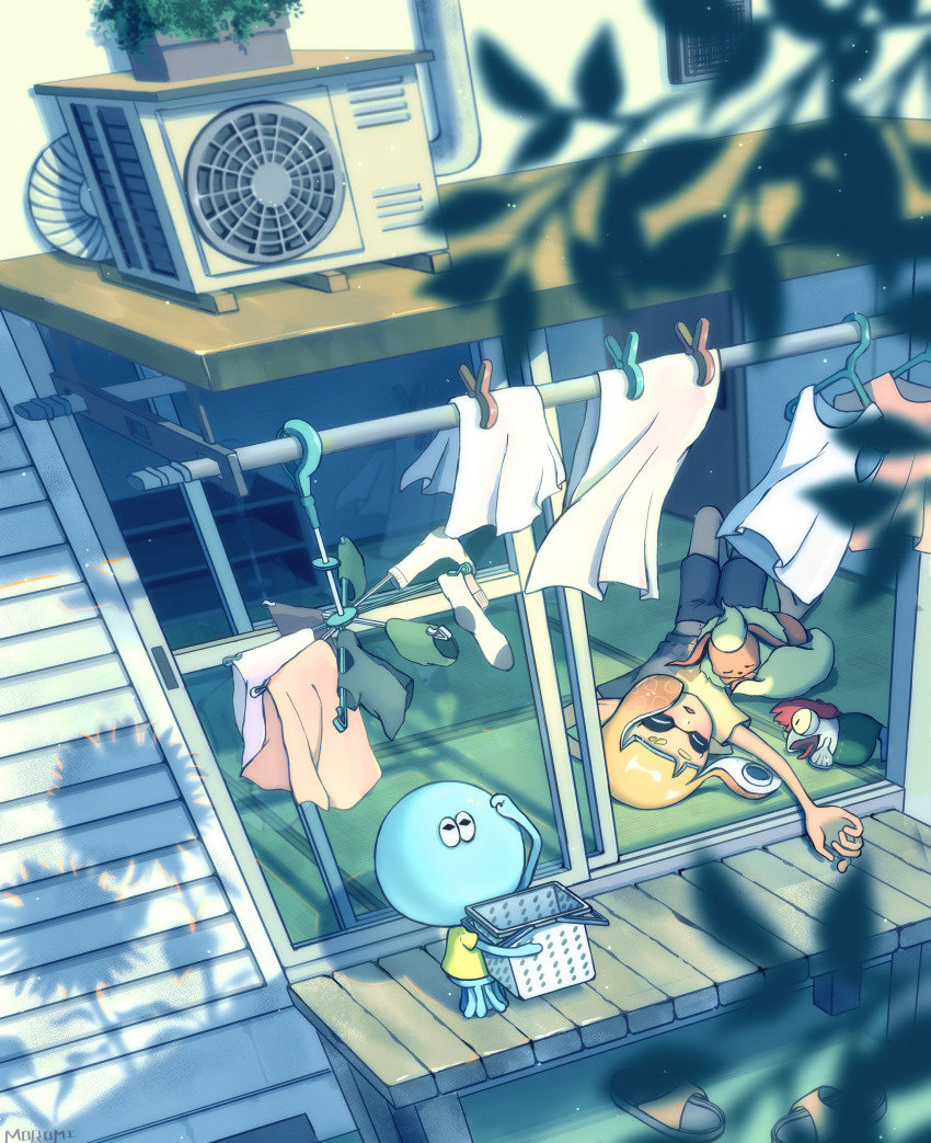 1girl absurdres air_conditioner arm_up black_shorts blonde_hair blouse blunt_bangs blurry blurry_foreground branch closed_eyes clothes_hanger clothes_pin clothesline commentary_request day door eyebrow_cut flareon gen_1_pokemon glass_door gradient_hair green_shirt highres holding inkling inkling_girl inkling_player_character jellyfish knees_up laundry laundry_basket light_particles lying mohawk moromi_(kscd4482) multicolored_hair navel nintendo on_back on_floor open_mouth orange_hair pink_shirt plant pokemon pokemon_(creature) porch potted_plant print_shirt red_hair sandals scenery shirt short_eyebrows short_hair short_shorts short_sleeves shorts sidelocks sleeping sleeveless sleeveless_shirt slice_of_life sliding_doors smallfry_(splatoon) socks splatoon_(series) standing suction_cups t-shirt tatami tentacle_hair tongue tongue_out unworn_sandals white_shirt white_socks yellow_shirt