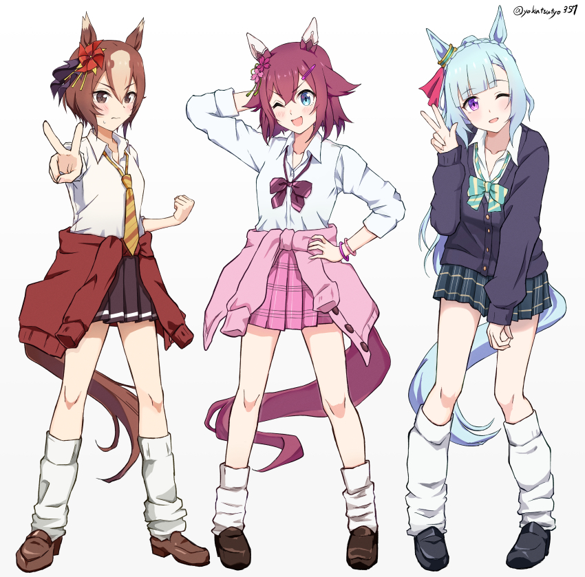 3girls ;d absurdres animal_ears arm_behind_head arm_up black_cardigan black_shoes black_skirt blue_eyes blue_hair braid brown_eyes brown_hair brown_shoes cardigan cardigan_around_waist chokin_tsucho clothes_around_waist collared_shirt commentary_request crown_braid diagonal-striped_clothes diagonal-striped_necktie dress_shirt grey_background hand_on_own_hip highres horse_ears horse_girl horse_tail kneehighs loafers long_hair loose_socks mejiro_ardan_(umamusume) multicolored_hair multiple_girls necktie one_eye_closed open_mouth pink_cardigan pink_skirt pleated_skirt purple_eyes red_cardigan sakura_chiyono_o_(umamusume) school_uniform shirt shoes simple_background skirt smile socks standing striped_clothes tail twitter_username two-tone_hair umamusume very_long_hair white_hair white_shirt white_socks yaeno_muteki_(umamusume)
