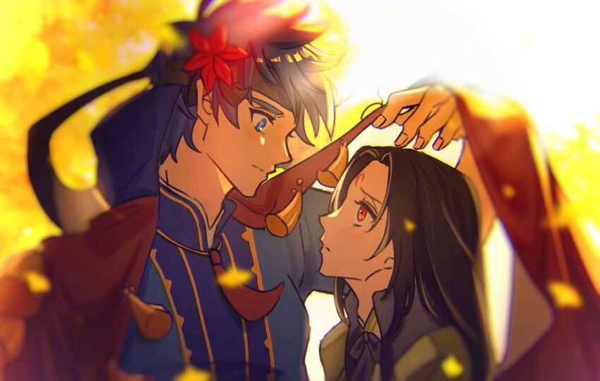 2boys black_hair blue_eyes blue_hair eye_contact facial_mark fire_emblem fire_emblem:_path_of_radiance fire_emblem_heroes forehead_mark headband highres ike_(fire_emblem) ike_(valentine)_(fire_emblem) iki_516 long_hair looking_at_another male_focus multiple_boys nintendo official_alternate_costume red_eyes short_hair soren_(fire_emblem) soren_(valentine)_(fire_emblem) yaoi
