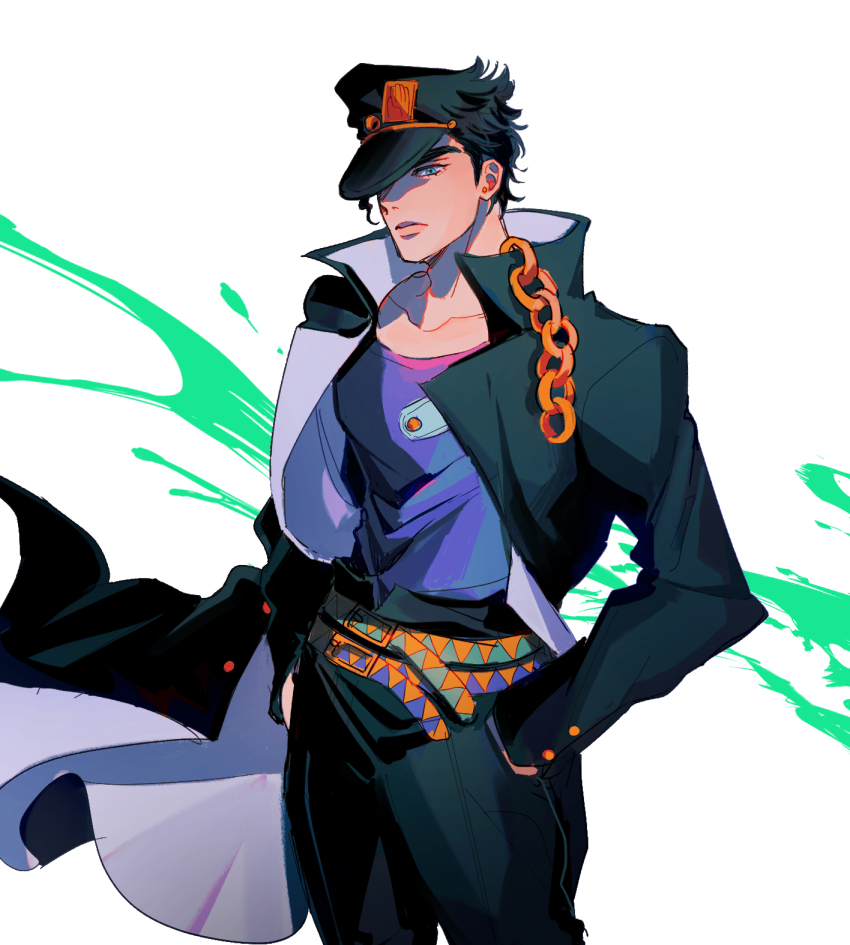1boy belt black_hair black_jacket black_pants blue_eyes chain commentary cowboy_shot english_commentary gakuran hands_in_pockets hat highres jacket jojo_no_kimyou_na_bouken kuujou_joutarou long_sleeves looking_at_viewer male_focus pants school_uniform seirorath shirt short_hair solo t-shirt