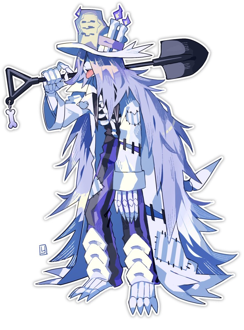 1boy absurdly_long_hair black_shirt candle claws covered_eyes fire full_body hat highres holding holding_shovel houndstone jacket long_hair long_sleeves looking_to_the_side male_focus nintendo pants personification pokemon pokemon_(creature) purple_fire purple_hair purple_pants shirt shovel simple_background skeleton solo standing striped_clothes striped_pants tongue tongue_out top_hat very_long_hair white_background white_hat white_jacket yasubaru