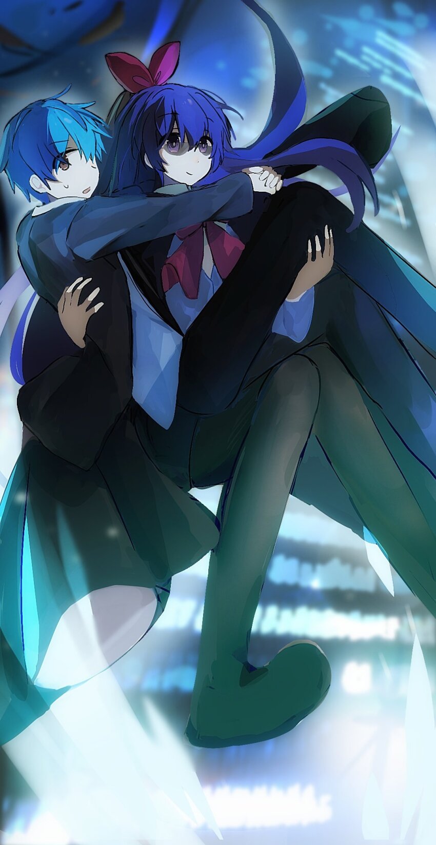 1boy 1girl blue_hair brown_eyes couple date_a_live happy1344 highres itsuka_shidou lifting_person long_hair purple_hair ribbon short_hair unifom yatogami_tohka