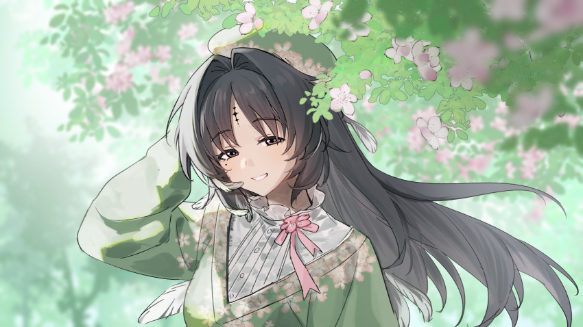 1girl black_eyes black_hair breasts chinese_commentary commentary_request feather_hair green_hat green_shirt hair_intakes hat highres kohane_kun long_hair looking_at_viewer medium_breasts mole mole_under_eye parted_bangs portrait shirt smile solo tacet_mark_(wuthering_waves) white_shirt wuthering_waves yangyang_(wuthering_waves)