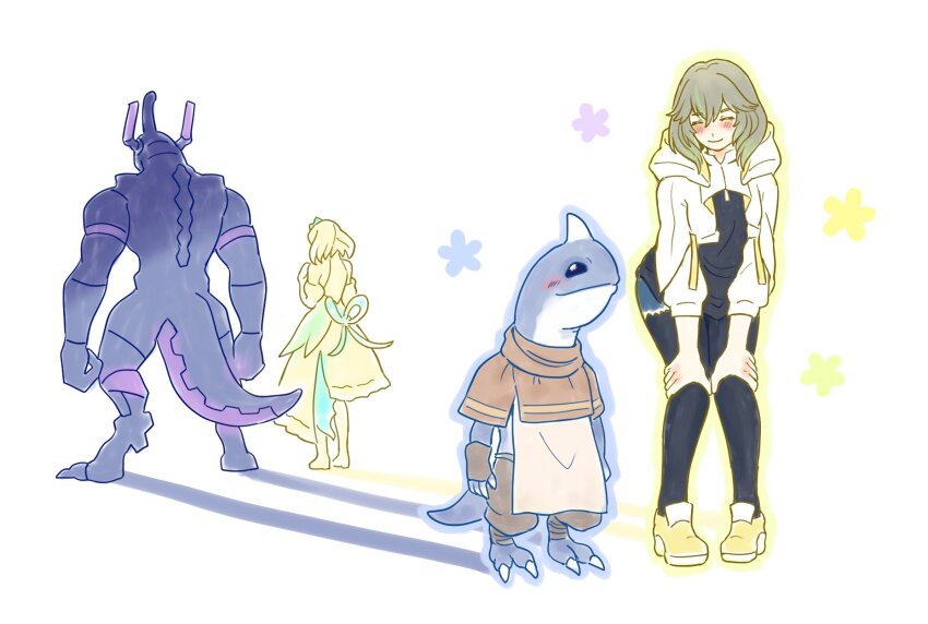 2boys 2girls 50qianmi blush claws cropped_hoodie dress endless_sphene father_and_son final_fantasy final_fantasy_xiv gulool_ja hands_on_own_knees highres hood hoodie horns hyur mamool_ja multiple_boys multiple_girls multiple_persona reptile_boy simple_background single_horn smile sphene_(ff14) tail zoraal_ja
