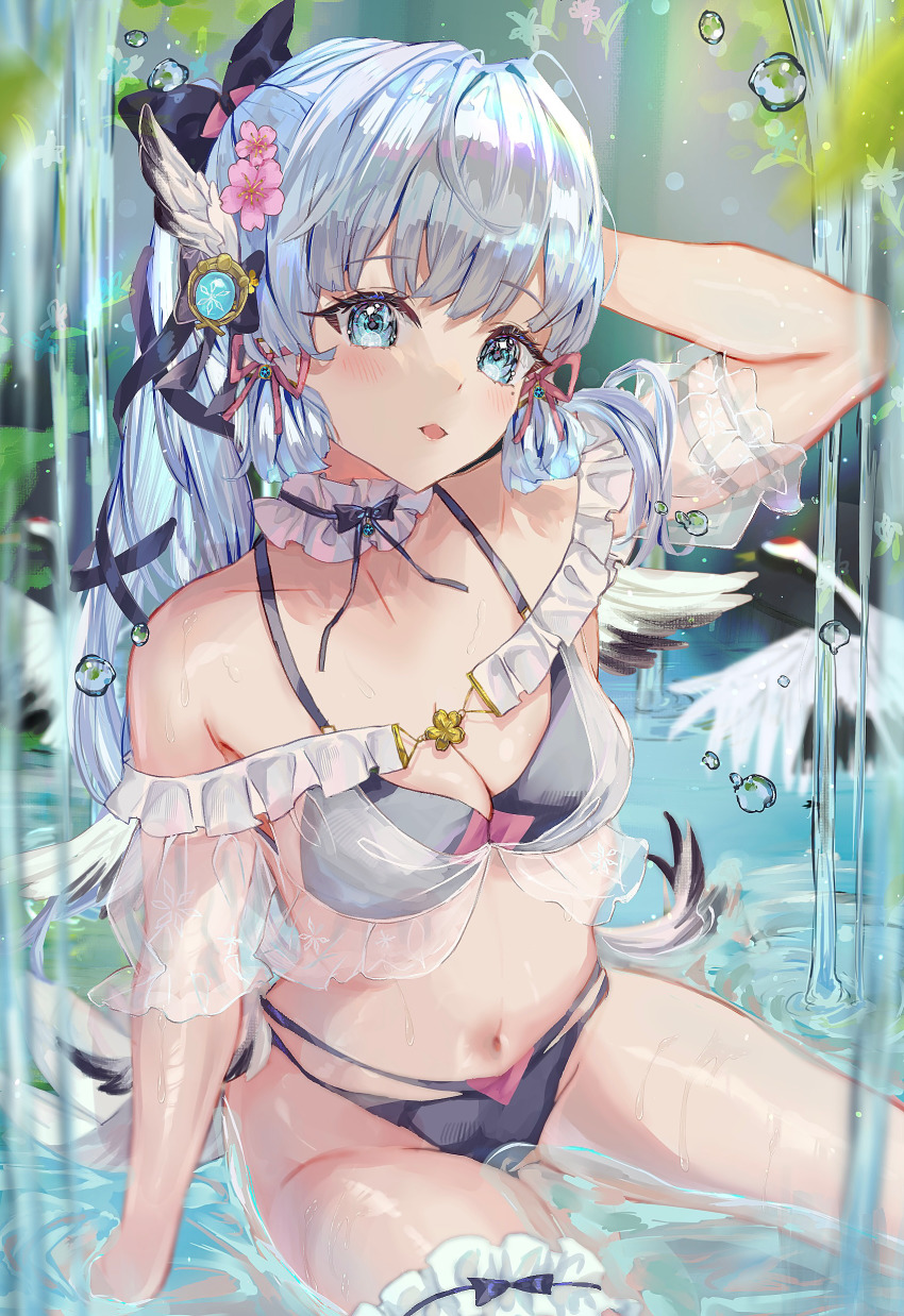 1girl absurdres arm_behind_head ayaka_(genshin_impact) bikini black_bikini black_bow blue_eyes blue_hair blunt_bangs blush bow breasts choker cleavage flower frilled_choker frilled_thigh_strap frills genshin_impact hair_bow hair_flower hair_ornament halterneck highres isuzu_(an_icy_cat) light_blue_hair long_hair looking_at_viewer medium_breasts navel off_shoulder open_mouth ponytail sitting solo stomach swimsuit thigh_strap thighs vision_(genshin_impact) water wet white_choker