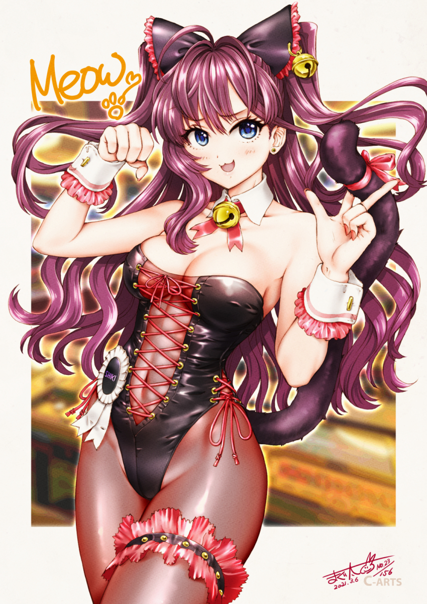 1girl :3 ahoge bare_shoulders bell black_leotard black_ribbon blue_eyes blush breasts cat_tail cleavage collarbone dated detached_collar earrings frilled_thigh_strap hair_between_eyes hair_ribbon highres ichinose_shiki idolmaster idolmaster_cinderella_girls jewelry jingle_bell kittysuit large_breasts leotard long_hair looking_at_viewer maguta nail_polish navel neck_bell nontraditional_playboy_bunny open_mouth outside_border pantyhose paw_pose purple_hair red_nails red_pantyhose red_ribbon ribbon see-through_clothes signature smile solo standing tail tail_ornament tail_ribbon thigh_strap twintails v wavy_hair wrist_cuffs