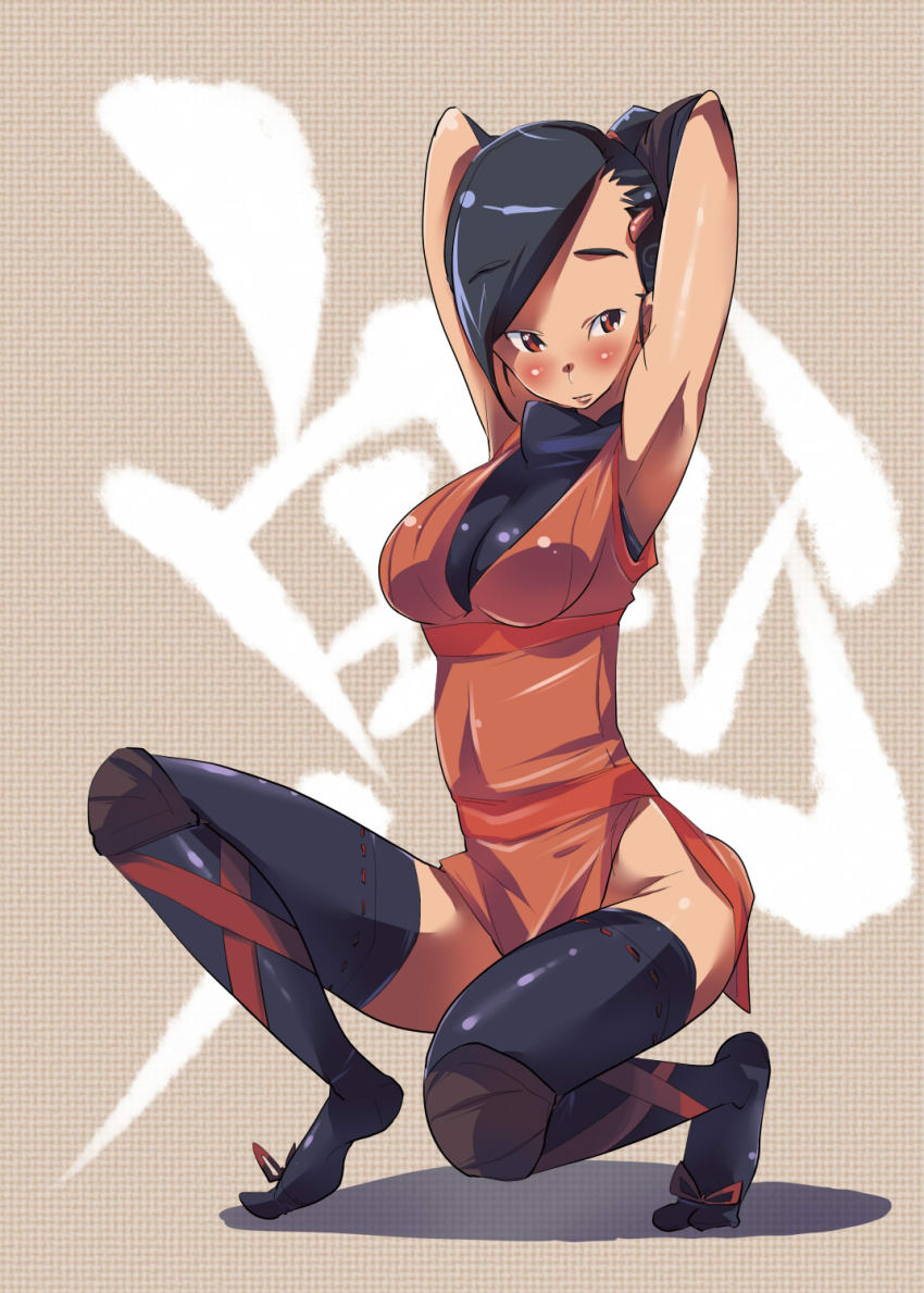 1girl armpits arms_up black_hair breasts capcom female_focus full_body highres kaede_(onimusha) onimusha orange_eyes short_hair solo squatting thighhighs ushihashiru