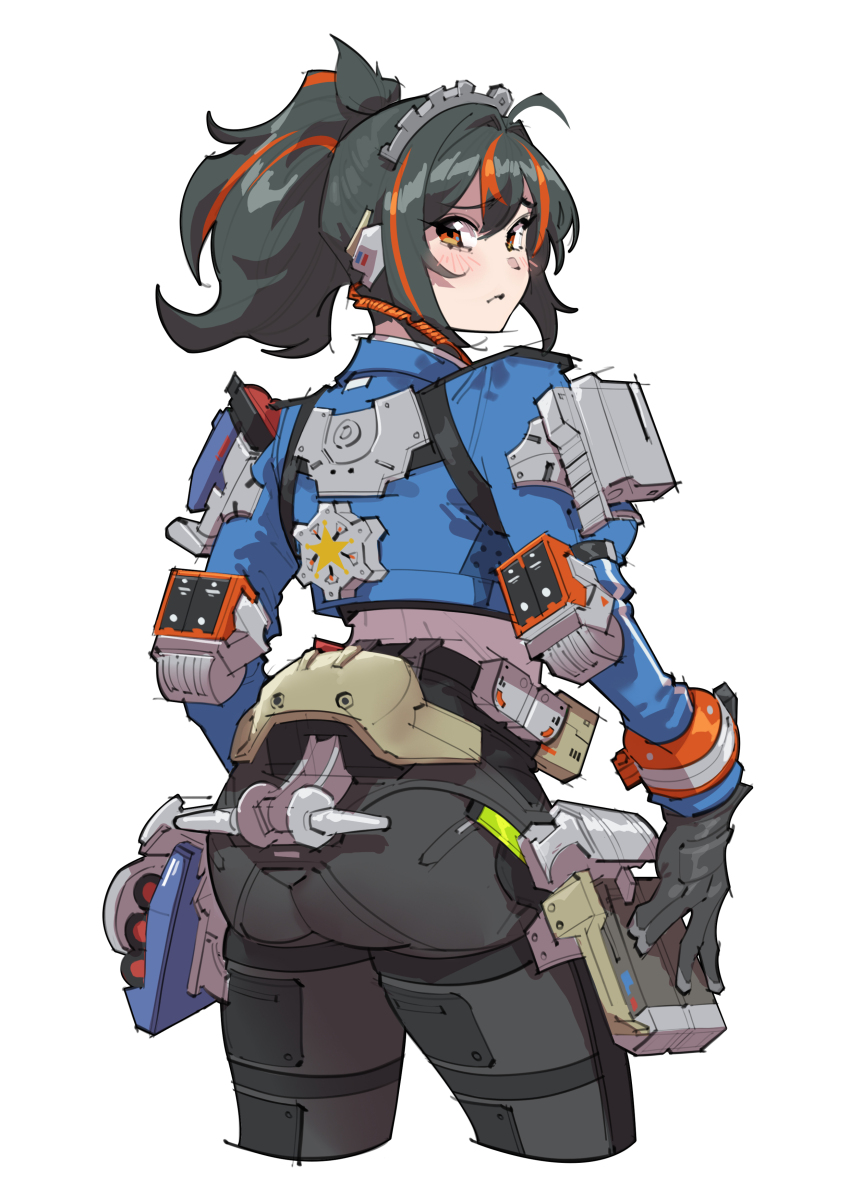 1girl absurdres ass black_gloves black_pants blue_jacket blush cropped_legs earpiece from_behind gloves handlebar high-waist_pants highres holster jacket kinoiyy looking_at_viewer looking_back metal_hairband multicolored_hair pants police police_uniform policewoman ponytail red_eyes red_hair shoulder_holster simple_background solo streaked_hair tight_clothes tight_pants white_background zenless_zone_zero zhu_yuan