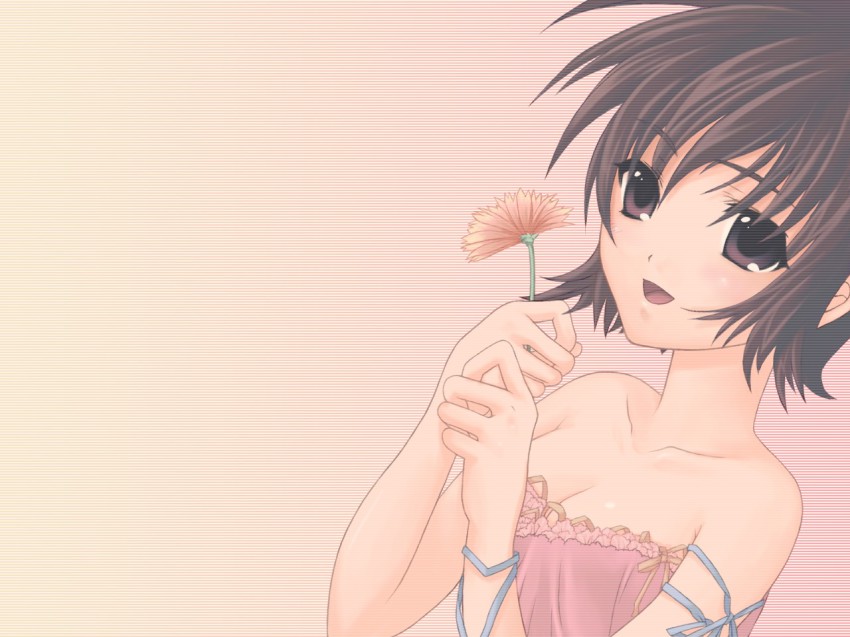 1girl bare_shoulders breasts brown_eyes brown_hair camisole cleavage collarbone female_focus flower happy leaf_(studio) miidera_tsukuyo ribbon scanlines short_hair small_breasts smile solo strap_slip tasogare