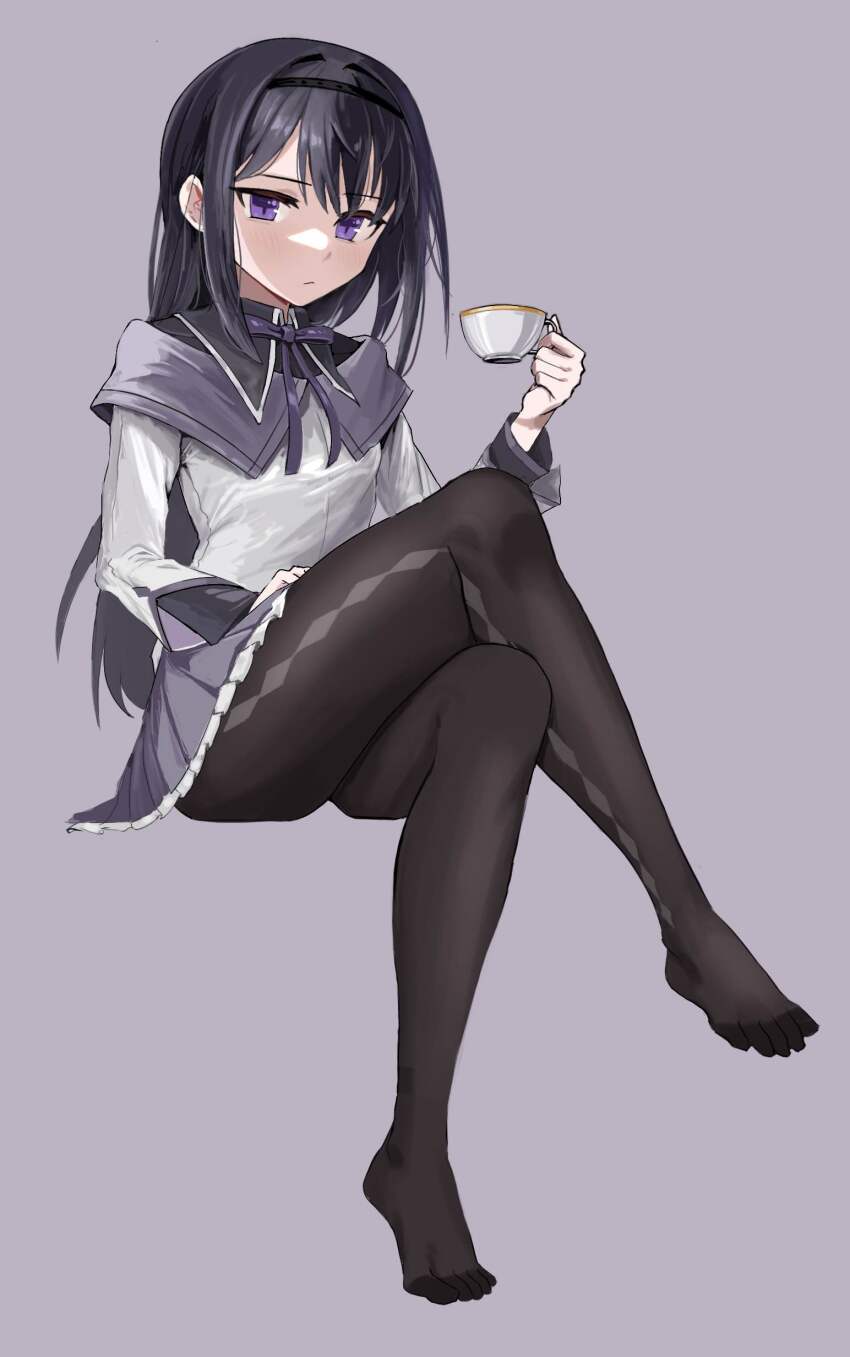1girl absurdres akemi_homura akemi_homura_(magical_girl) black_hair black_hairband black_pantyhose chan_ye2 closed_mouth crossed_legs cup grey_background hairband hand_up highres holding holding_cup invisible_chair long_hair looking_at_viewer mahou_shoujo_madoka_magica mahou_shoujo_madoka_magica_(anime) miniskirt pantyhose pleated_skirt purple_eyes sailor_collar shirt simple_background sitting skirt solo teacup white_shirt