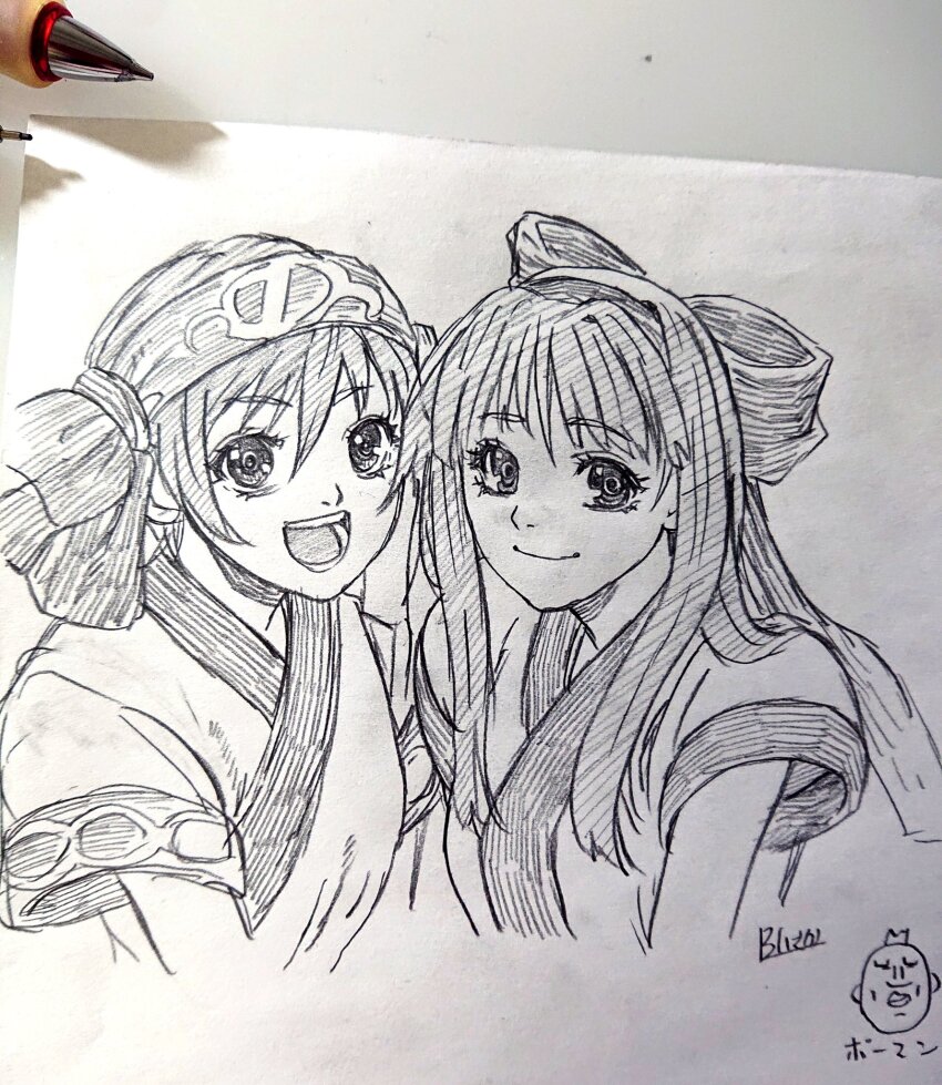 2girls ainu_clothes artist_name breasts hair_ribbon highres looking_at_viewer medium_breasts monochrome multiple_girls nakoruru open_mouth ribbon rimururu samurai_spirits siblings sisters sketch small_breasts smile snk teeth tongue traditional_media