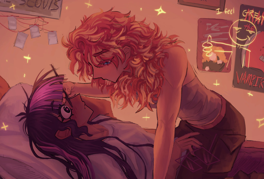 2girls blue_eyes closed_mouth depresed-duck highres lesbians_doing_makeup_(meme) long_hair looking_at_another makeup makeup_brush meme multiple_girls my_little_pony my_little_pony:_equestria_girls my_little_pony:_friendship_is_magic pillow poster_(object) purple_eyes purple_hair red_hair sci-twi shirt sunset_shimmer t-shirt twilight_sparkle