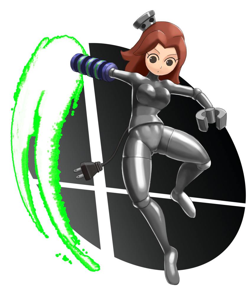 1girl absurdres arm_cannon bodysuit breasts brown_hair cameltoe character_hat chibi-robo! chibi_robo chibi_robo_(cosplay) cosplay covered_collarbone covered_navel full_body gluteal_fold grey_bodysuit grey_eyes grey_headwear grey_thighhighs groin highres joints latex looking_down medium_breasts midair mii_(nintendo) mii_gunner minuspal nintendo parted_lips shiny_clothes shiny_legwear simple_background skin_tight skindentation solo super_smash_bros. super_smash_bros._logo tail thighhighs v-shaped_eyebrows weapon white_background