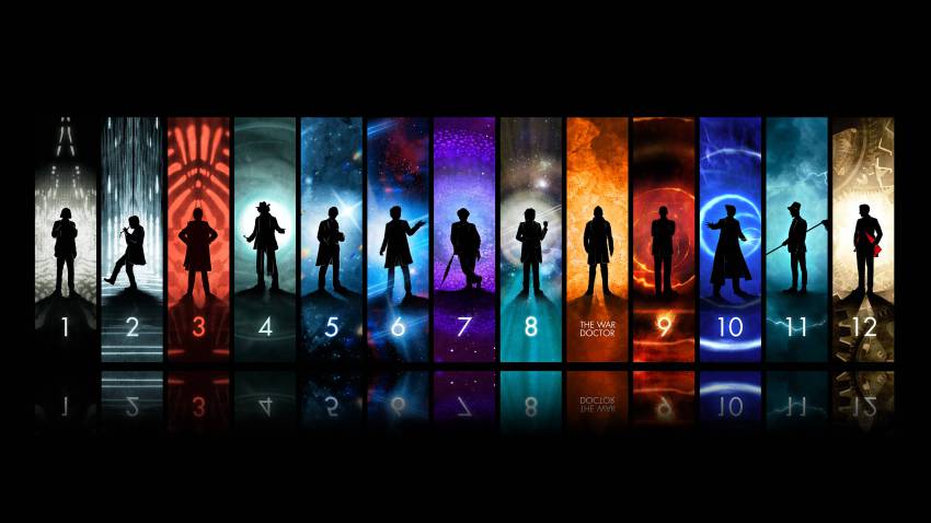 1boy 6+boys absurdres alien character_name coat doctor_who eighth_doctor eleventh_doctor fez_hat fifth_doctor fire first_doctor flute formal_clothes fourth_doctor frock_coat gears hand_on_own_hip hat highres instrument male_focus mop multiple_boys multiple_persona ninth_doctor scarf second_doctor seventh_doctor silhouette sixth_doctor space standing suit tenth_doctor the_doctor_(doctor_who) third_doctor trench_coat tuxedo twelfth_doctor war_doctor_(doctor_who)