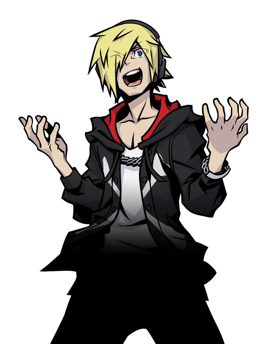 1boy :d bito_daisukenojo black_hoodie blonde_hair blue_eyes bracelet chain chain_necklace hair_over_one_eye happy headphones highres hood hoodie jewelry medium_hair necklace nomura_tetsuya official_art open_clothes open_hoodie open_mouth shin_subarashiki_kono_sekai shirt smile solo spiked_hair subarashiki_kono_sekai transparent_background white_shirt