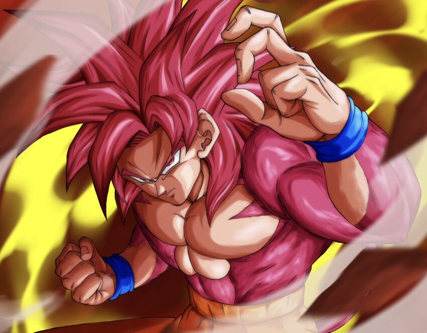 1boy aura body_fur clenched_hand commentary_request dragon_ball dragon_ball_daima fighting_stance highres long_hair majinn48 monkey_tail orange_pants pants red_eyes red_fur red_hair red_tail solo son_goku spiked_hair super_saiyan super_saiyan_4 tail topless_male