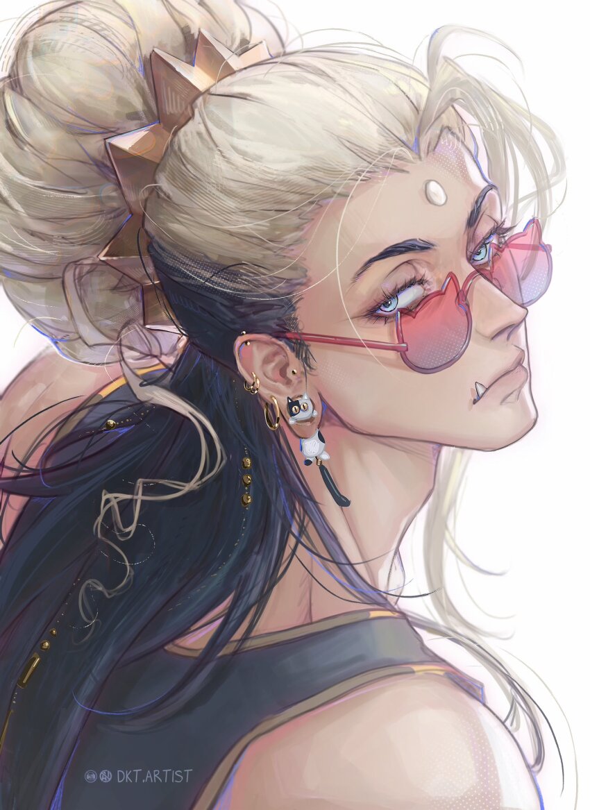 1boy artistdkt black_hair blue_eyes buddha cat-shaped_eyewear cat_earrings earrings expressionless fang highres jewelry long_earlobes looking_at_viewer looking_back male_focus meditation multicolored_hair multiple_earrings ponytail shuumatsu_no_valkyrie solo tank_top two-tone_hair urna white_background white_hair