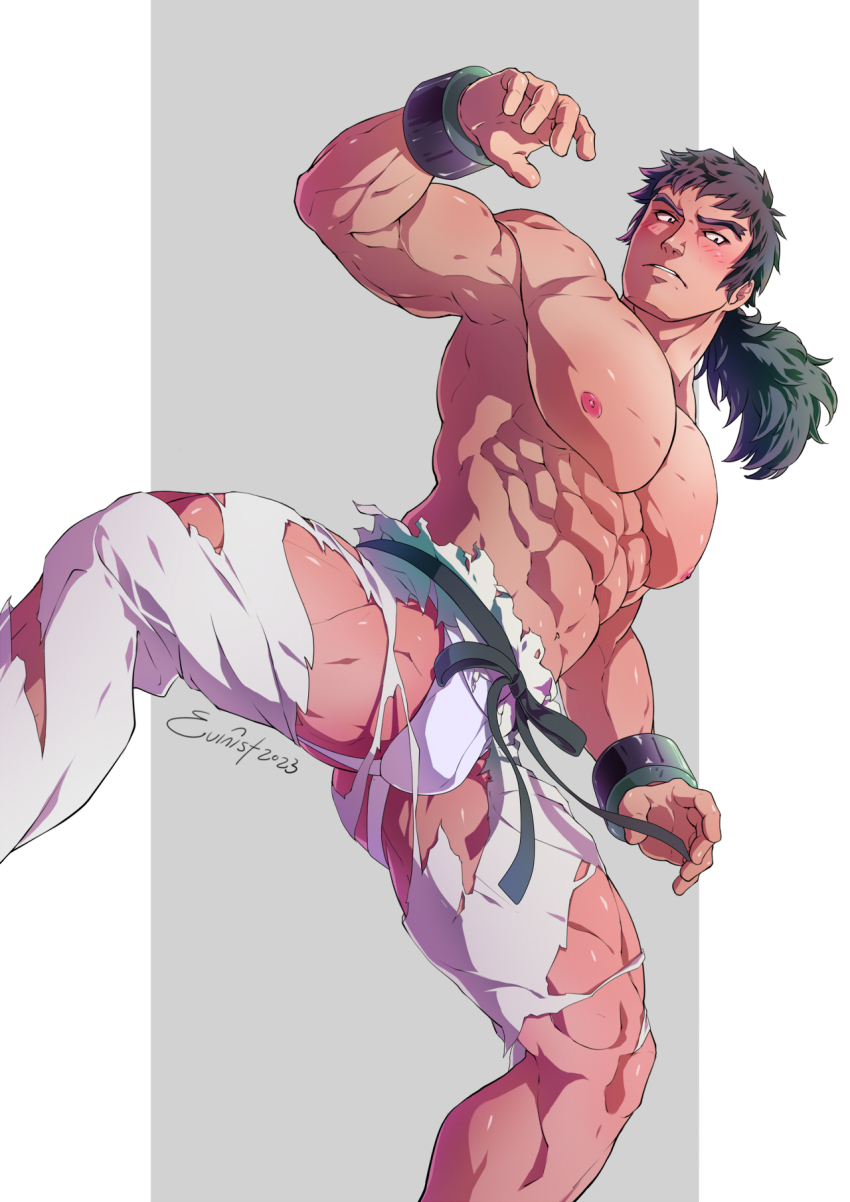 1boy abs armpits bara black_hair blush bracelet bruno_(pokemon) commentary english_commentary evinist highres jewelry jockstrap large_pectorals long_hair male_focus male_underwear martial_arts_belt muscular muscular_male navel nintendo nipples pants pectorals pokemon pokemon_frlg ponytail signature simple_background solo thighs topless_male torn_clothes torn_pants underwear white_pants