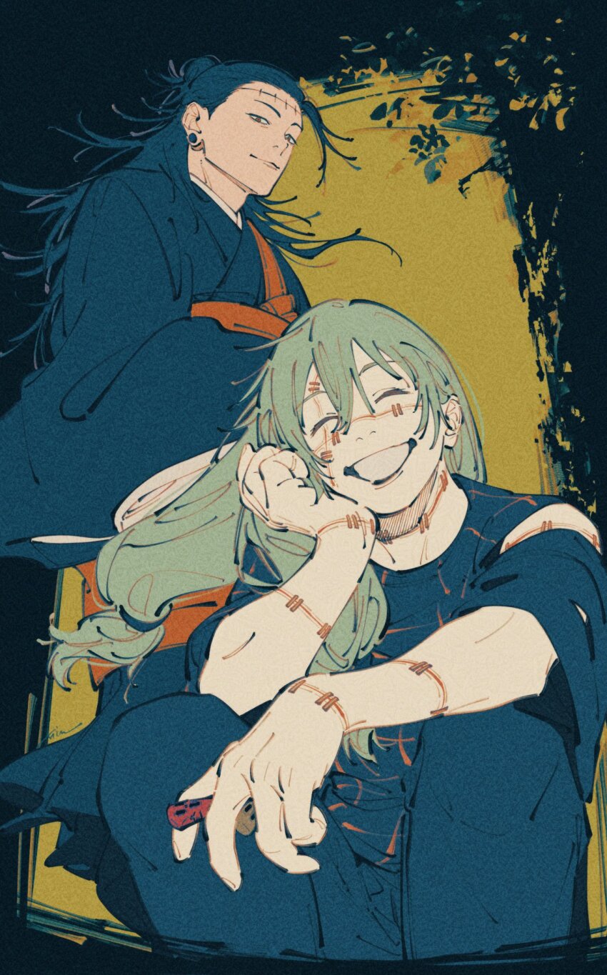 2boys arm_on_knee black_hair black_kimono black_pants black_shirt brown_eyes crew_neck cropped_legs cropped_torso cursed_spirit_(jujutsu_kaisen) double-parted_bangs earrings elbow_on_knee getou_suguru getou_suguru_(kenjaku) grey_hair grin hair_between_eyes highres japanese_clothes jewelry jujutsu_kaisen kimono long_hair long_sleeves looking_at_viewer mahito_(jujutsu_kaisen) male_focus mim_(mimya0600) multiple_boys pants piercing shirt sitting smile stitched_arm stitched_face stitched_forehead stitched_wrist stitches stud_earrings teeth