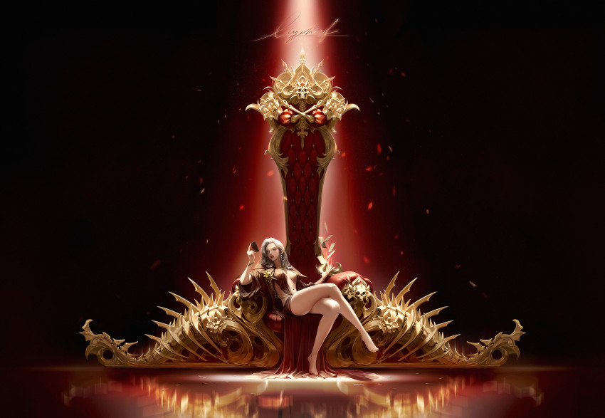 1girl absurdres artist_name barefoot black_background bracelet card chain chain gold_chain grey_eyes grey_hair highres holding holding_card jewelry crossed_legs light lizchief long_hair midriff navel original pointy_ears reflection signature sitting skeleton skull solo throne thrown