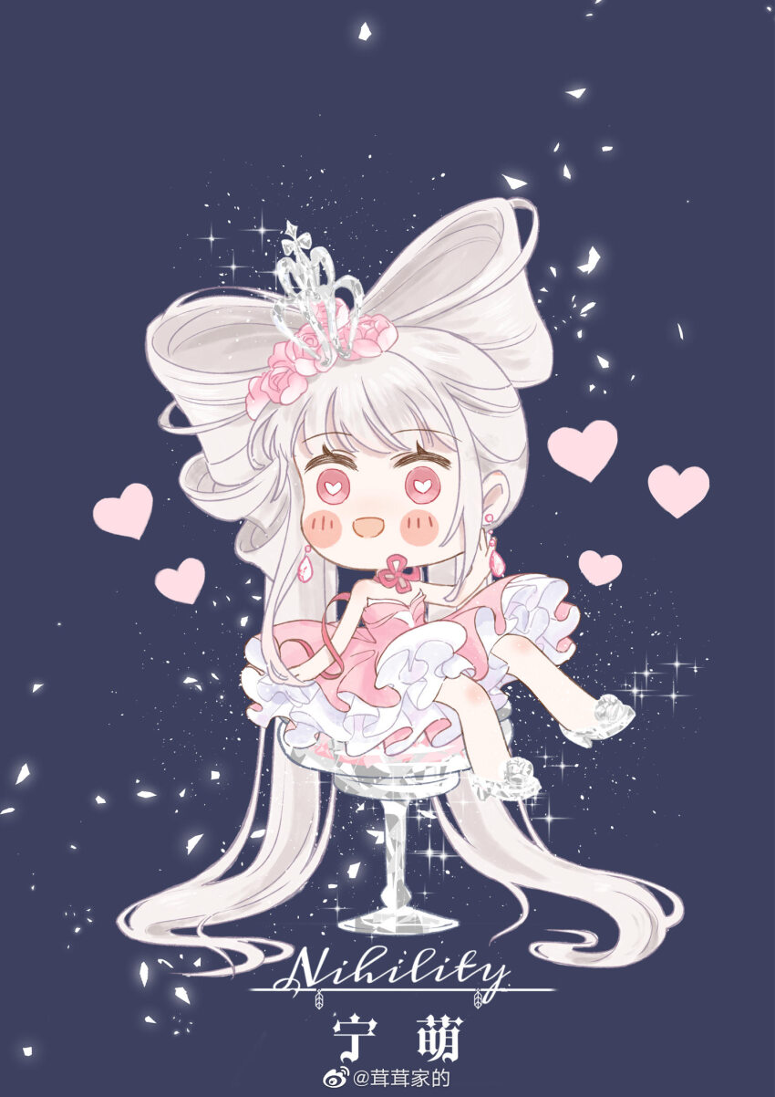1girl absurdly_long_hair abu_cide arm_ribbon artist_name bare_arms bare_shoulders big_hair blue_background blush_stickers bow-shaped_hair bright_pupils character_request chibi crown dress earrings eyelashes flower flower_knot footwear_flower glass_slipper hair_flower hair_ornament hair_spread_out happy heart heart-shaped_pupils highres jewelry light_particles long_hair looking_at_viewer low_twintails miracle_nikki neck_ribbon nikki_(series) on_stool open_mouth petals petticoat pink_dress pink_eyes pink_flower pink_ribbon pink_rose ribbon rose sample_watermark short_dress simple_background sitting smile solo sparkle strapless strapless_dress symbol-shaped_pupils twintails very_long_hair watermark weibo_watermark white_crown white_footwear white_hair white_pupils