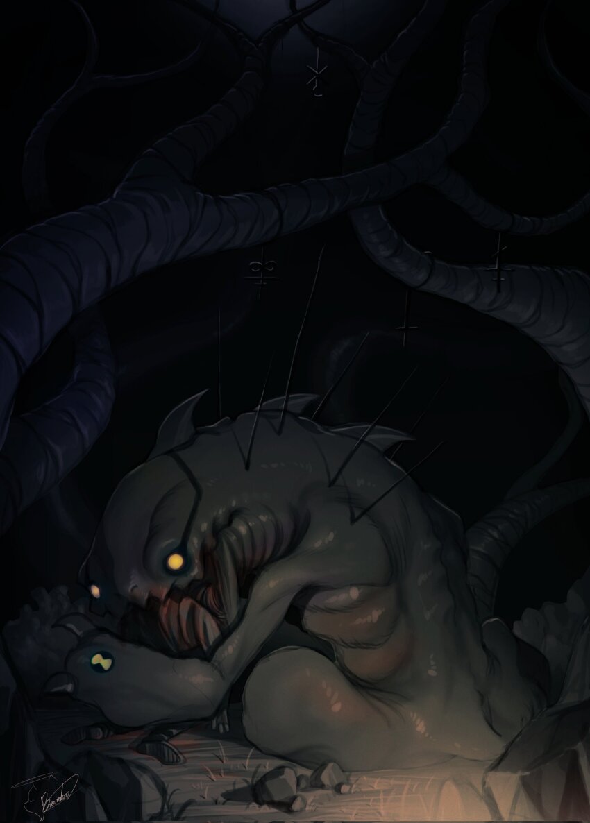 articguana ben_10 black_background blood claws dark fish from_side glowing glowing_eyes highres horror_(theme) looking_at_viewer mobzeroone monster shiny_skin sitting tail yellow_eyes