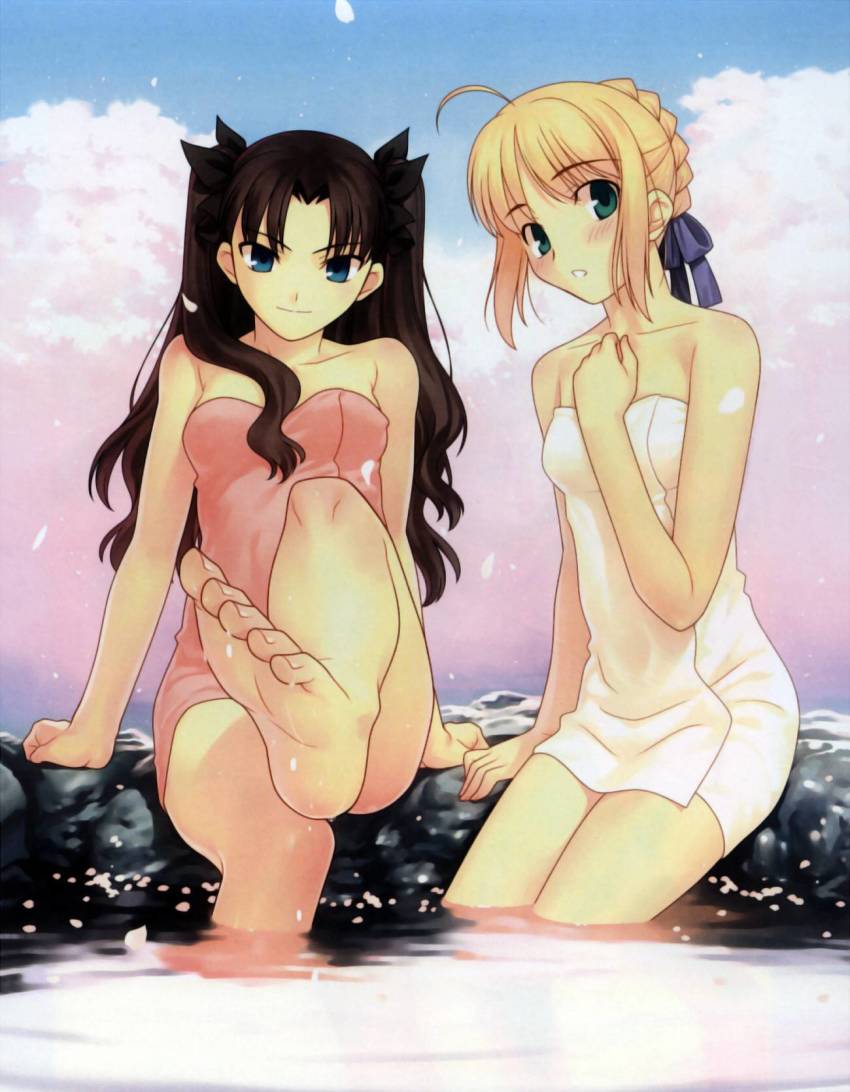 2girls antenna_hair armpits arms_at_sides artoria_pendragon_(fate) assertive_female barefoot black_bow black_hair black_ribbon blonde_hair blue_bow blue_ribbon blush bow braid breasts cherry_blossoms closed_mouth collarbone completely_nude day eyelashes facing_viewer fate_(series) feet feet_in_water feet_up female_focus foot_worship full_body green_eyes hair_between_eyes hair_ornament hand_on_own_chest hands_up highres leg_up legs legs_together long_hair looking_at_viewer medium_breasts multiple_girls naked_towel navel neck nude official_art onsen open_mouth outdoors outstretched_foot outstretched_leg parted_bangs pov ribbon saber_(fate) seductive_smile sexually_suggestive shiny_skin shy sidelocks sky small_breasts smile smirk smug soles thighs thighs_together toenails toes tohsaka_rin towel unworn_clothes water water_drop