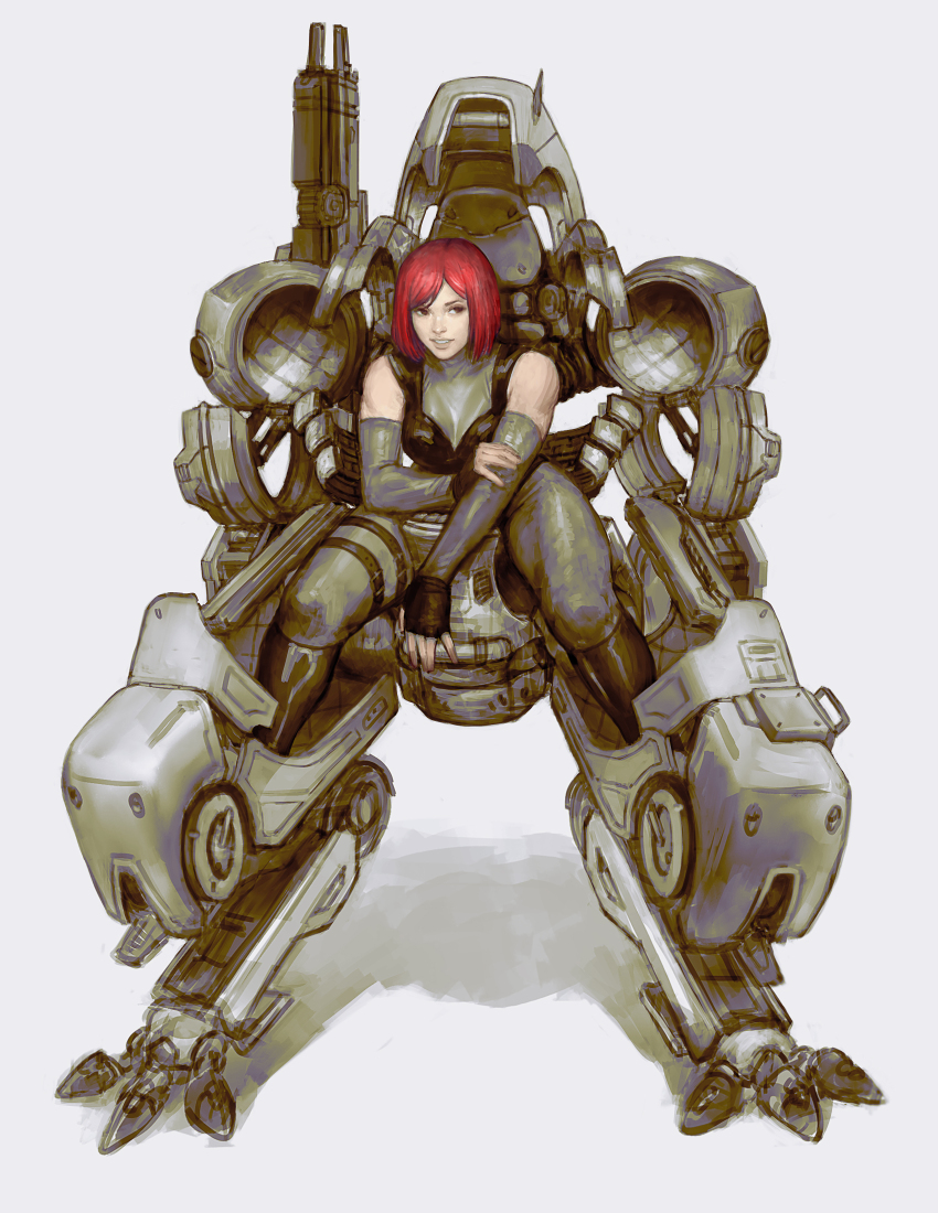 1girl absurdres armor capcom company_connection crossover dino_crisis dorkartist elbow_gloves exoprimal gloves gun highres light mecha power_armor red_hair regina_(dino_crisis) robot shadow sitting sleeveless solo weapon