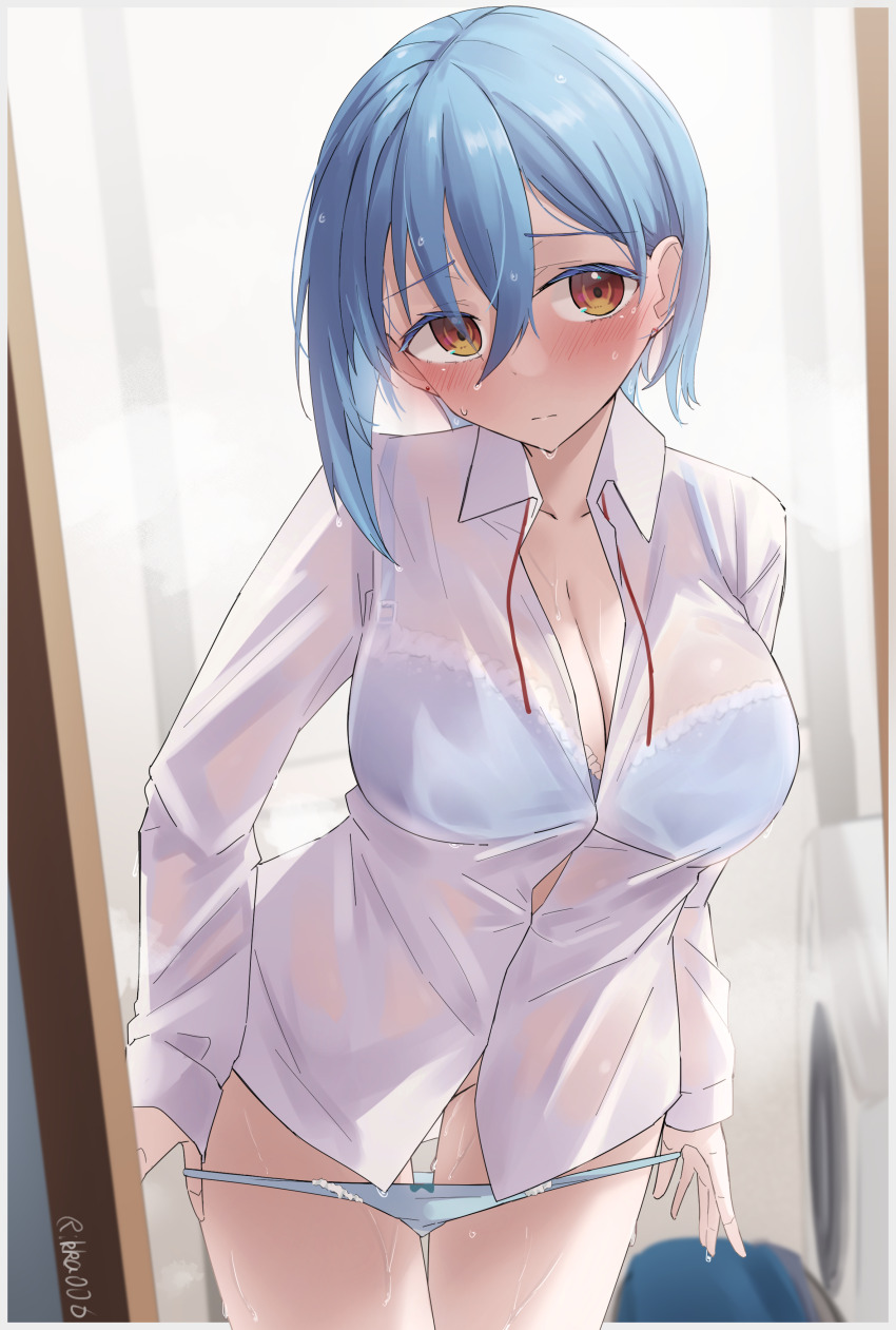 1girl absurdres arms_at_sides blue_bow blue_bra blue_hair blue_panties blurry blurry_background blush border bow bow_panties bra bra_visible_through_clothes breasts cleavage closed_mouth collarbone collared_shirt commentary_request convenient_censoring cowboy_shot earrings grey_border groin hair_between_eyes highres indoors jewelry large_breasts long_bangs looking_at_viewer love_live! love_live!_superstar!! medium_hair neck_ribbon no_pants orange_eyes outside_border panties panty_pull pulling_own_clothes raised_eyebrows red_ribbon ribbon rikka006 school_uniform see-through_clothes see-through_shirt shirt solo stud_earrings twitter_username underwear undone_neck_ribbon wakana_shiki washing_machine wet wet_clothes wet_shirt white_shirt yuigaoka_school_uniform