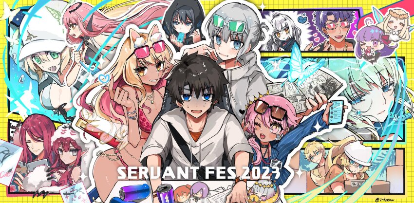 animal_ears artoria_caster_(fate) artoria_caster_(swimsuit)_(fate) artoria_caster_(swimsuit)_(first_ascension)_(fate) artoria_caster_(swimsuit_berserker)_(fate) artoria_caster_(swimsuit_berserker)_(first_ascension)_(fate) artoria_pendragon_(fate) aurora_(fate) baobhan_sith_(fate) baobhan_sith_(swimsuit_pretender)_(fate) baobhan_sith_(swimsuit_pretender)_(first_ascension)_(fate) barghest_(fate) barghest_(swimsuit_archer)_(fate) barghest_(swimsuit_archer)_(first_ascension)_(fate) baseball_cap bb_(fate) bikini black_hair blonde_hair bracelet bug butterfly cellphone chibi chloe_von_einzbern chloe_von_einzbern_(swimsuit_avenger) chloe_von_einzbern_(swimsuit_avenger)_(first_ascension) cnoc_na_riabh_(fate) cnoc_na_riabh_(swimsuit_foreigner)_(fate) eyewear_on_head fate/grand_order fate_(series) food fox_ears fujimaru_ritsuka_(male) fujimaru_ritsuka_(male)_(summer_street) gawain_(fate) grey_hair hat highres insect jewelry kyouka_(exclamationmark) lancelot_(fate/grand_order) lancelot_(strongest_knight_of_summer)_(fate) long_hair medb_(fate) melusine_(fate) melusine_(swimsuit_ruler)_(fate) melusine_(swimsuit_ruler)_(first_ascension)_(fate) morgan_le_fay_(fate) morgan_le_fay_(water_princess)_(fate) oberon_(fate) oberon_(moody_summer_oberon)_(fate) oberon_(third_ascension)_(fate) one_eye_closed phone pink_hair pointy_ears popsicle purple_hair red_hair smartphone sunglasses suzuka_gozen_(fate) suzuka_gozen_(swimsuit_rider)_(fate) suzuka_gozen_(swimsuit_rider)_(second_ascension)_(fate) swimsuit tan tristan_(chicken_of_luluhawa)_(fate) tristan_(fate) white_hair