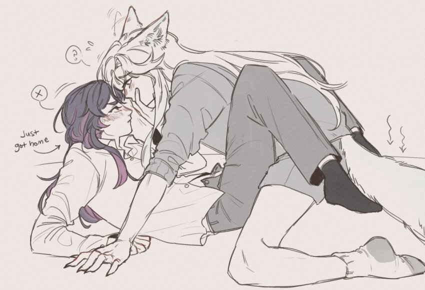 2girls ? animal_ears between_legs blush bunster collared_shirt commentary covering_another&#039;s_mouth english_commentary greyscale hand_on_another&#039;s_face iris_wen kemonomimi_mode long_hair long_sleeves love_curse:_find_your_soulmate monochrome multicolored_hair multiple_girls pants parted_lips purple_hair selene_yan shirt shorts socks spoken_question_mark spoken_x spot_color streaked_hair tail wolf_ears wolf_girl wolf_tail yuri