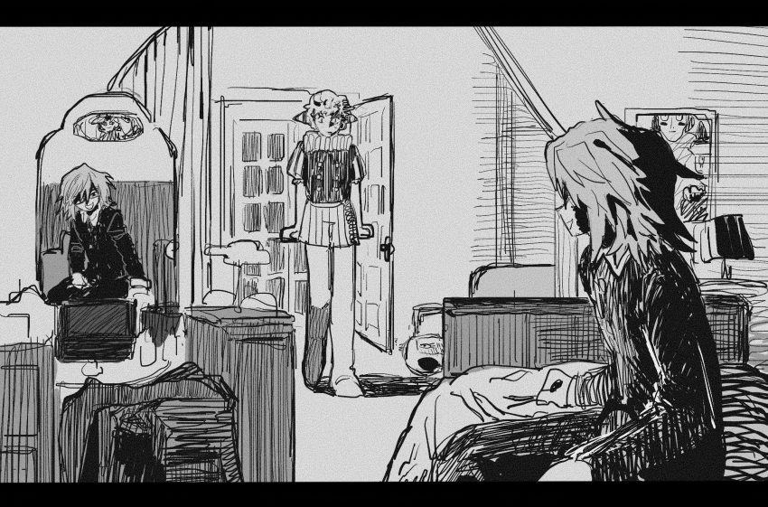 2boys clown commentary_request glasses greyscale highres indoors letterboxed luther_von_ivory male_focus monochrome multiple_boys nyen_(randal&#039;s_friends) on_bed randal&#039;s_friends randal_ivory sebastian_de_tomato_smith_chicken_legs short_hair sitting tami_tome_mo