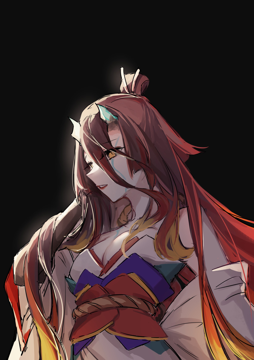 1girl absurdres bare_shoulders black_background breasts brown_hair cleavage collarbone detached_sleeves fate/grand_order fate/requiem fate_(series) gradient_hair hair_between_eyes highres horns japanese_clothes kijo_kouyou_(fate) kijo_kouyou_(third_ascension)_(fate) kimono large_breasts long_hair looking_at_viewer multicolored_hair orange_hair parted_lips ponytail rope sash sleeveless sleeveless_kimono solo syuyu0220 very_long_hair white_kimono wide_sleeves yellow_eyes