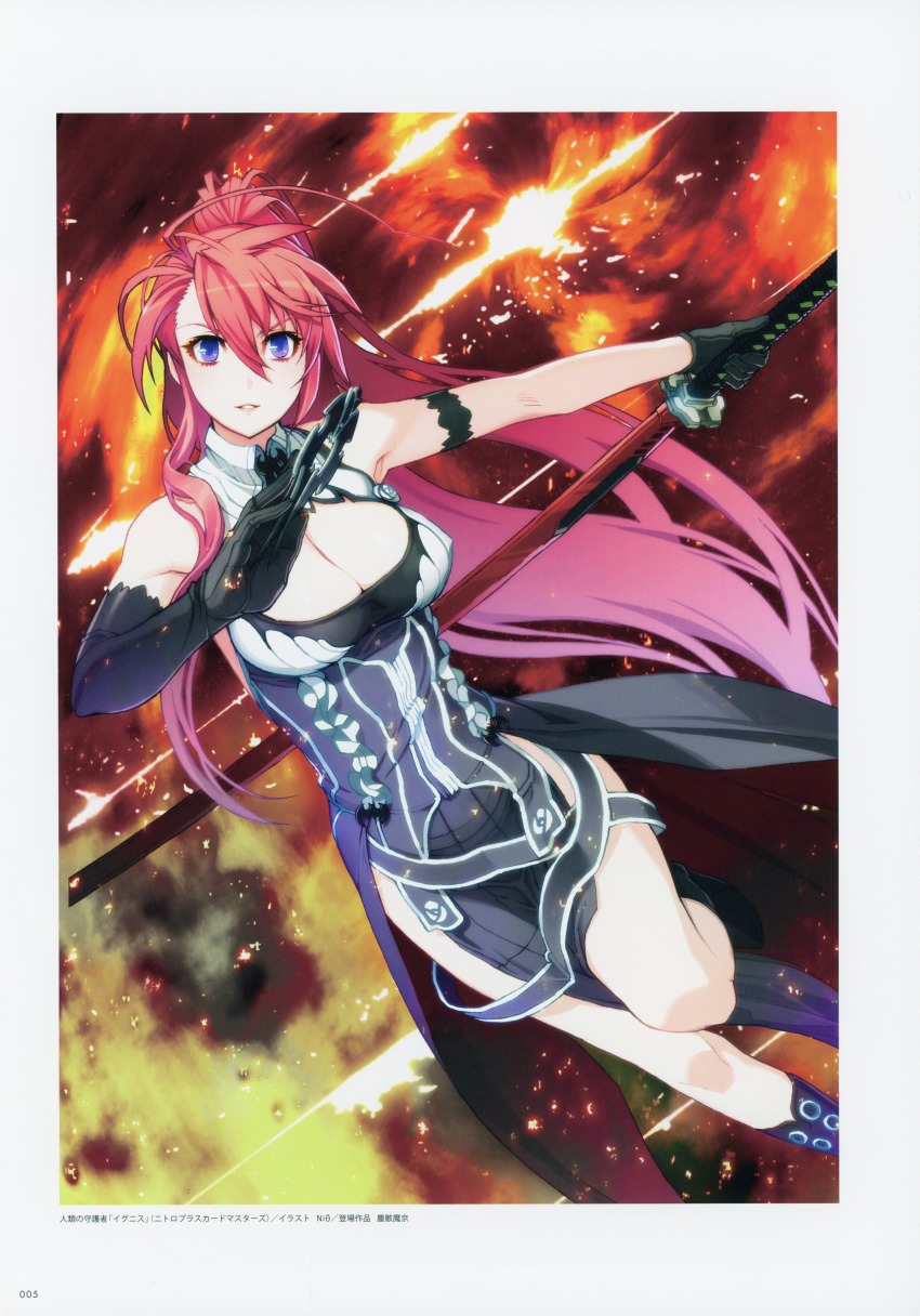 1girl absurdres armlet artist_name asymmetrical_gloves bare_shoulders black_gloves black_legwear boots breasts cleavage cleavage_cutout clothing_cutout covered_erect_nipples dress elbow_gloves female_focus fire gloves highres holding holding_sword holding_weapon huge_filesize ignis_(jingai_makyou) jewelry jingai_makyou katana leg_up long_hair looking_at_viewer nishii_(damnedrive) official_art page_number parted_lips ponytail purple_eyes red_hair reverse_grip scan shiny_skin simple_background sleeveless solo sword uneven_gloves weapon