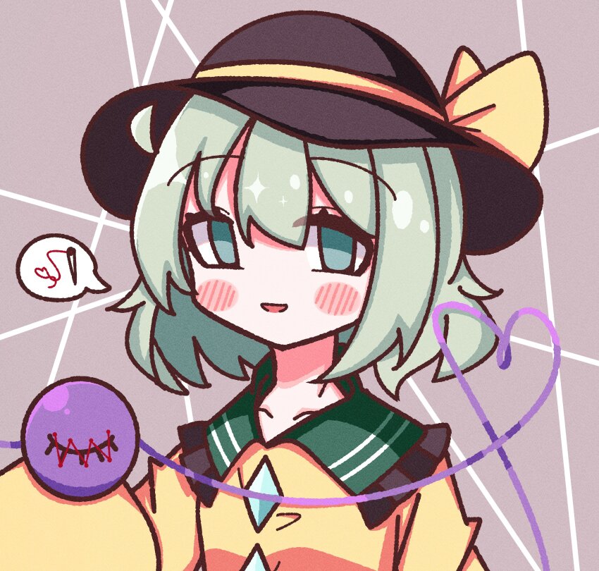1girl absurdres black_headwear blush dress green_eyes grey_background highres komeiji_koishi light_green_hair needle open_mouth sewing_needle simple_background solo touhou waroemon yellow_dress