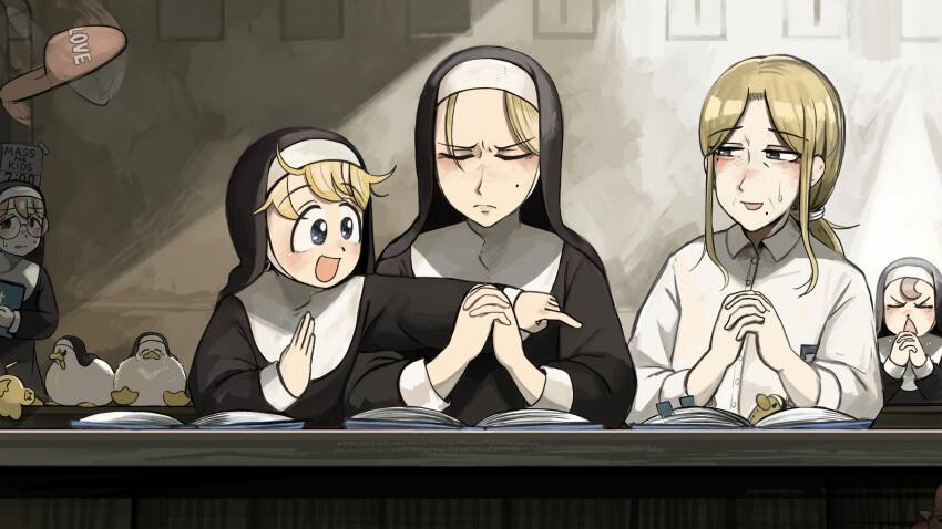 5girls :d baby_animal bible_(object) bird blonde_hair blue_eyes brown_hair chicken clumsy_nun_(diva) commentary diva_(hyxpk) duck duckling english_commentary froggy_nun_(diva) glasses glasses_nun_(diva) highres la_chancla little_nuns_(diva) long_hair mole mole_on_cheek motion_blur multiple_girls no_hair_ornament note nun open_mouth praying round_eyewear shirt slippers smile strict_nun&#039;s_mother_(diva) strict_nun_(diva) traditional_nun triangle_mouth white_shirt